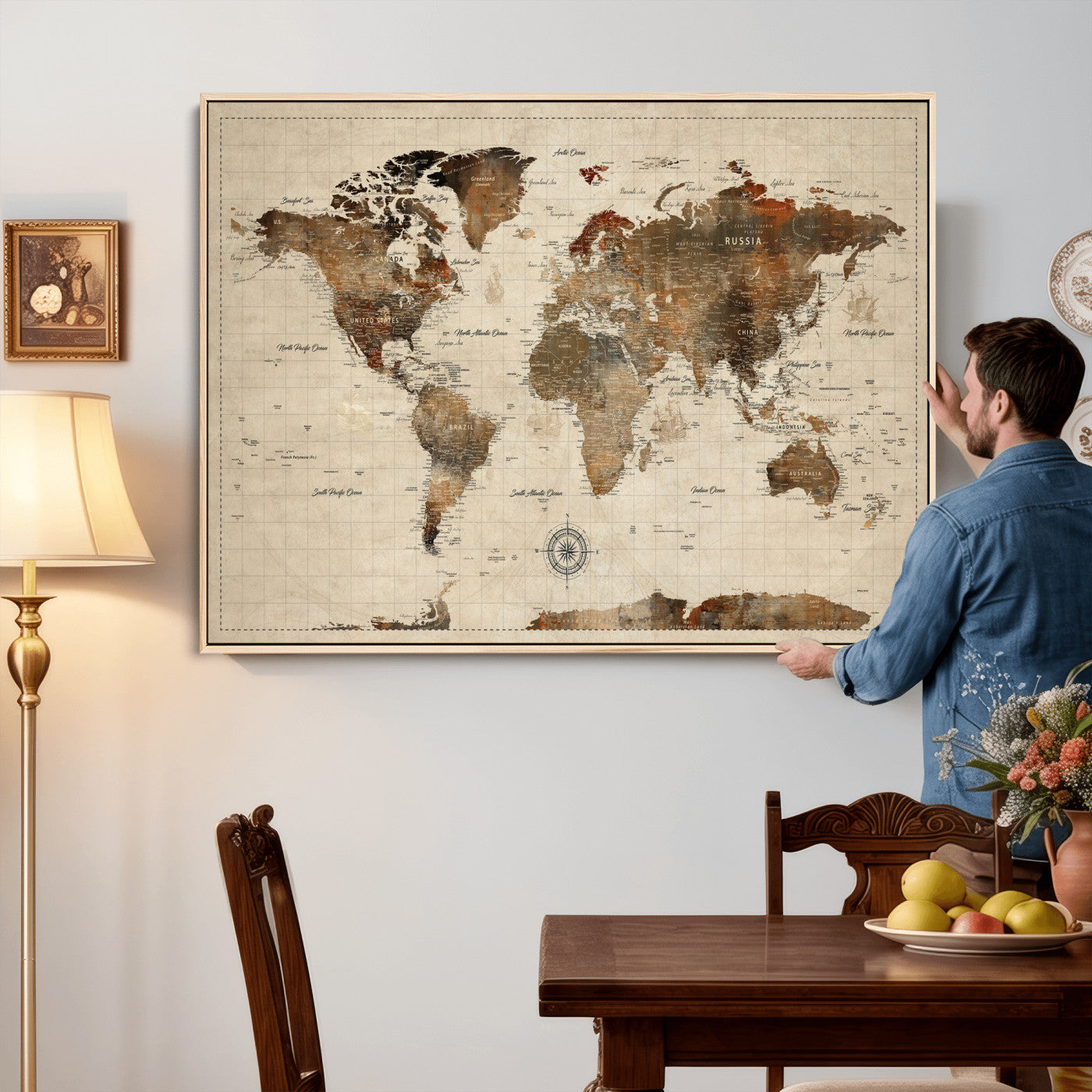 Vintage World Map Wall Art Canvas Print for Living Room,