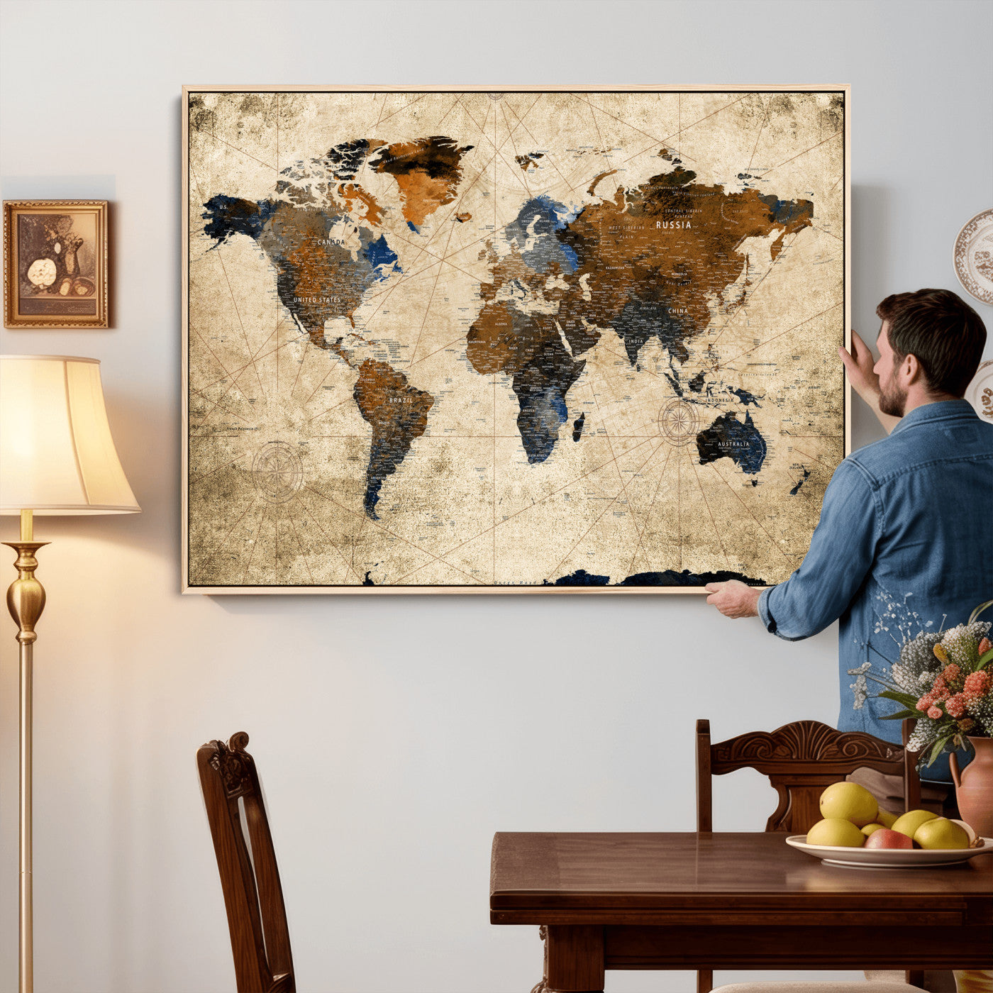 World Map Wall Art Canvas Print, Modern Decorative Framed