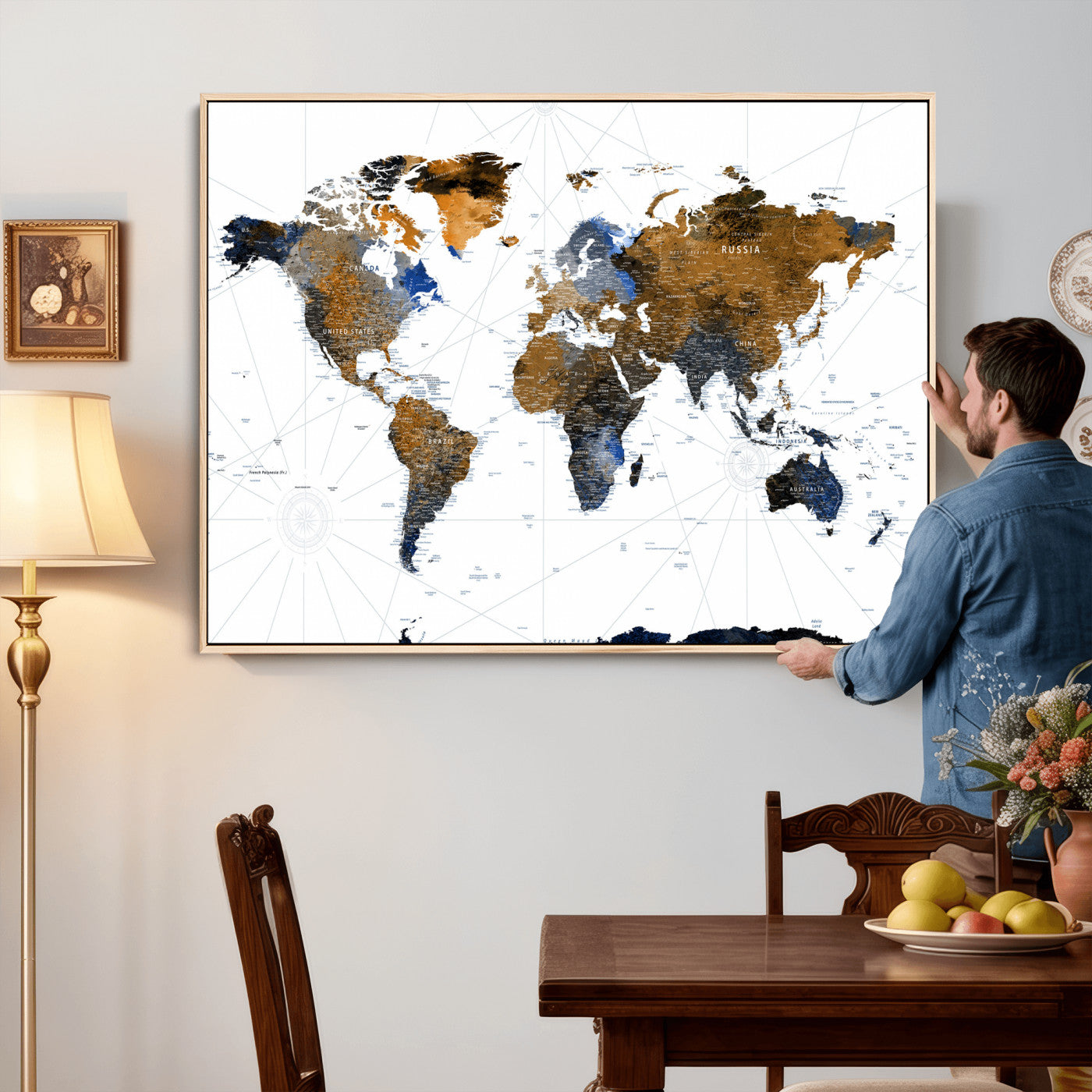 World Map Wall Art Canvas Print, Modern Decorative Framed