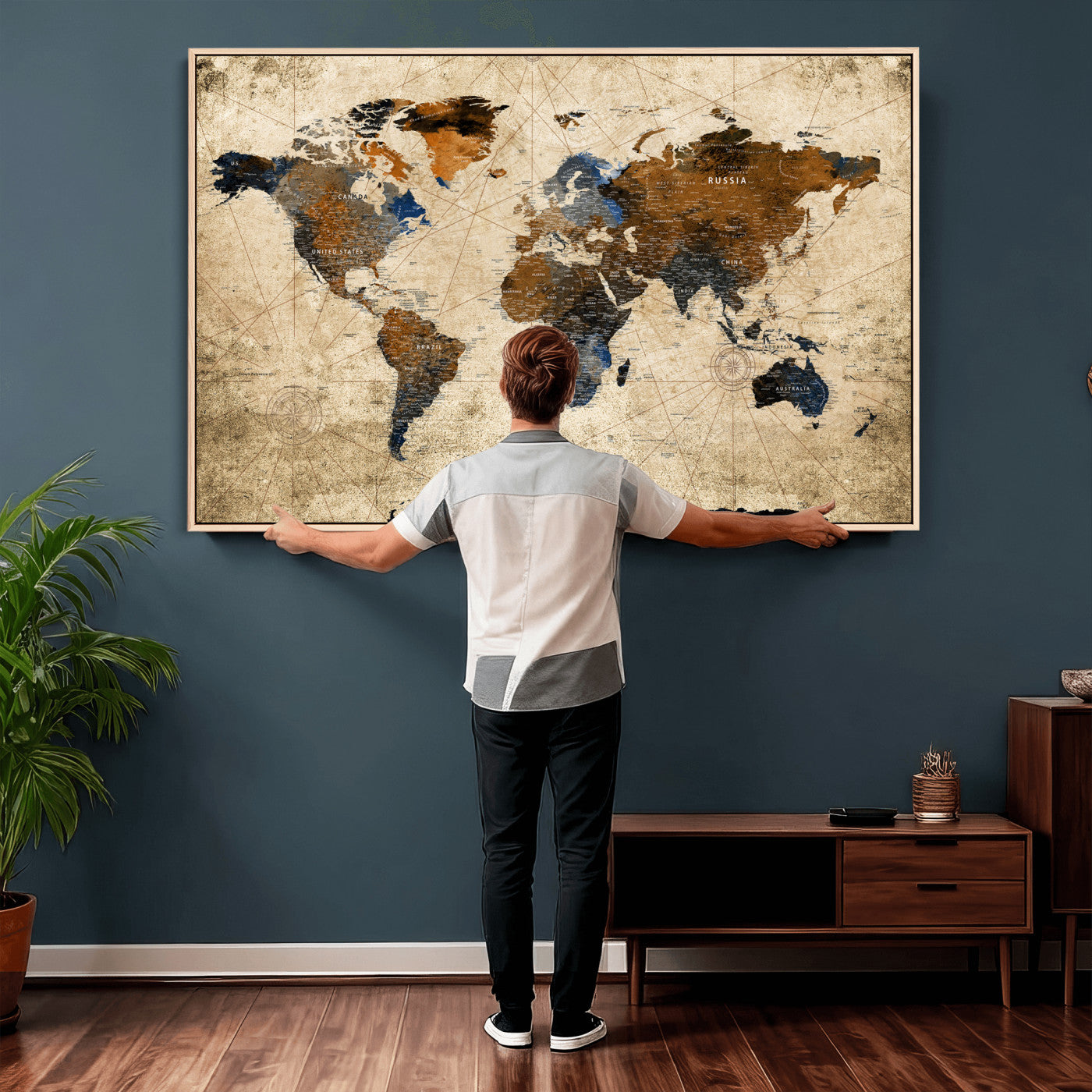 World Map Wall Art Canvas Print, Modern Decorative Framed