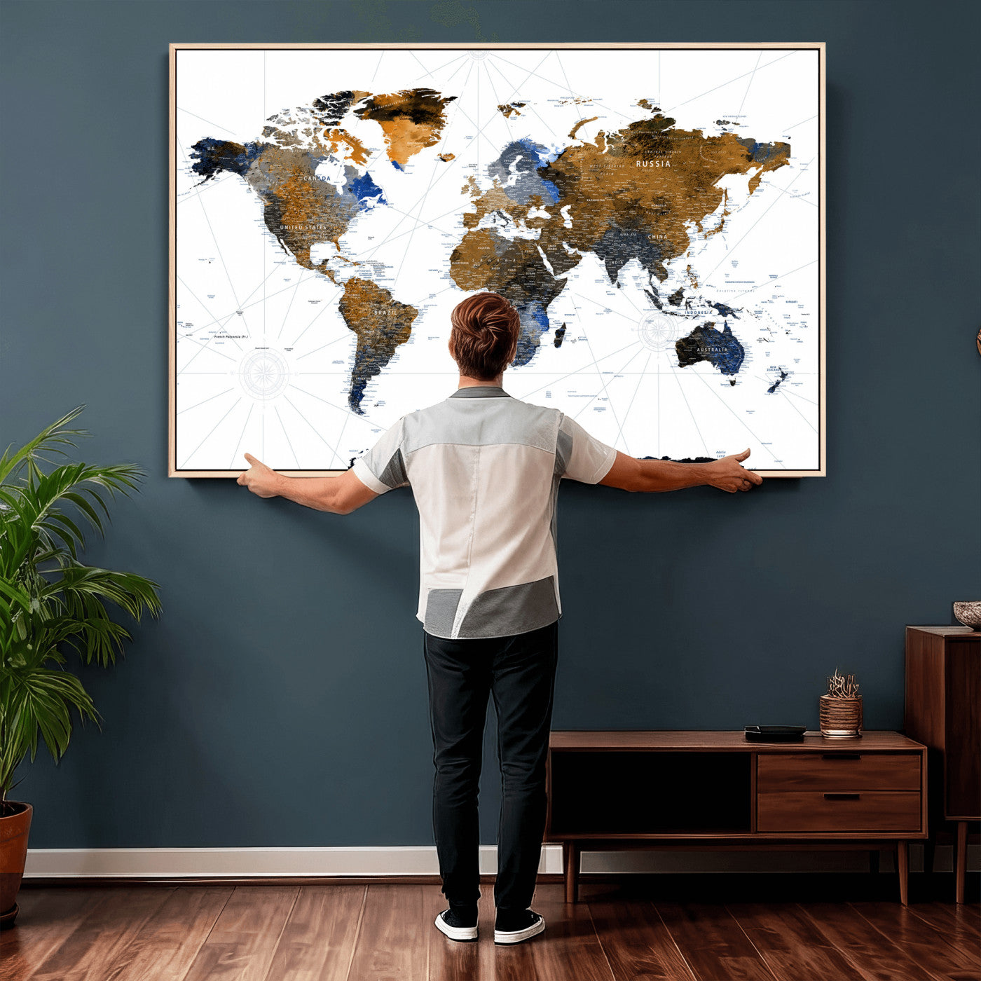 World Map Wall Art Canvas Print, Modern Decorative Framed