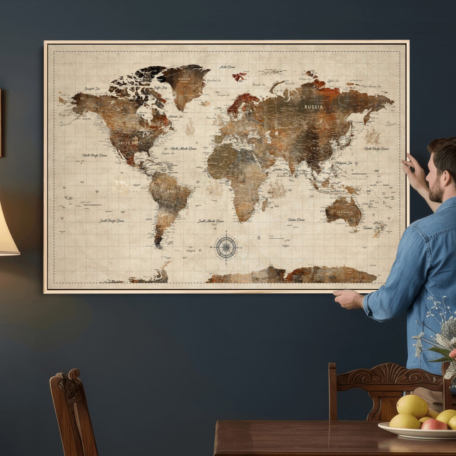 Vintage World Map Wall Art Canvas Print for Living Room,