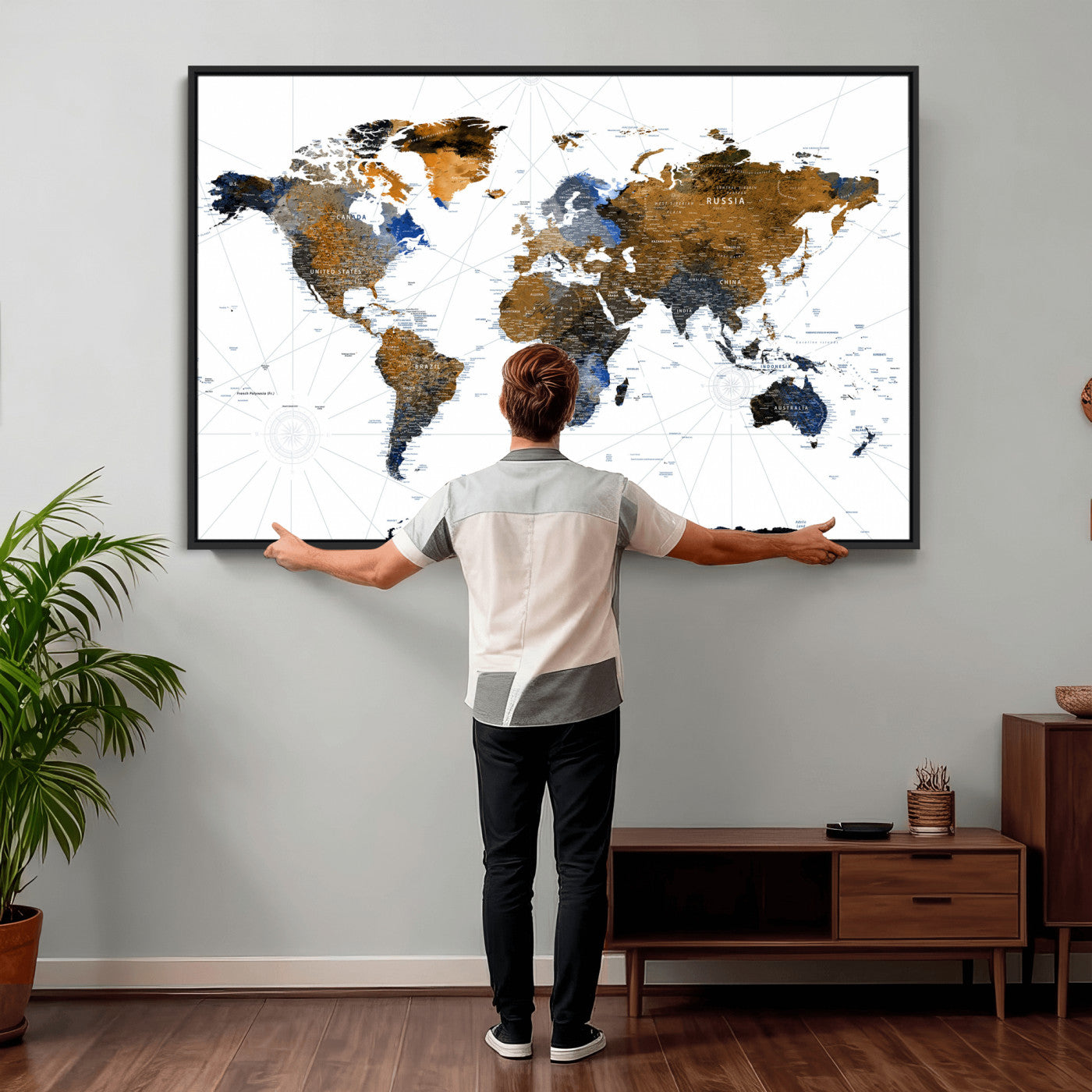 World Map Wall Art Canvas Print, Modern Decorative Framed
