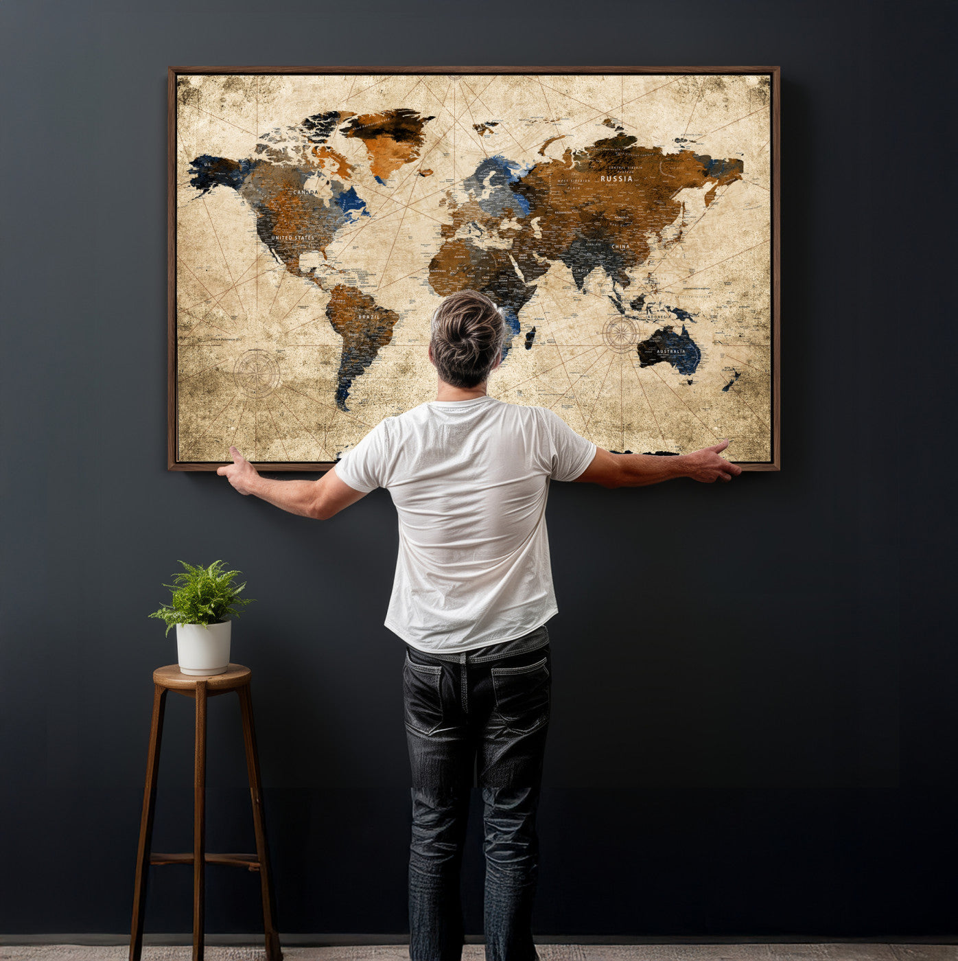 World Map Wall Art Canvas Print, Modern Decorative Framed