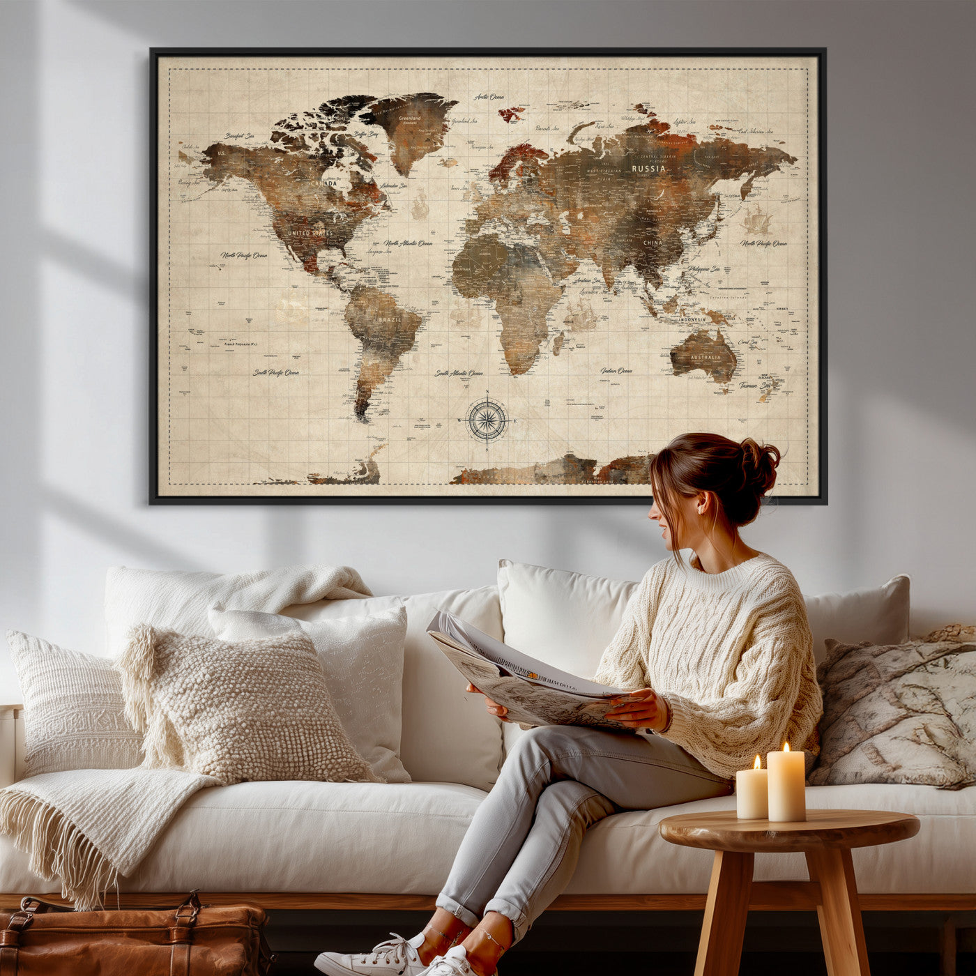 Vintage World Map Wall Art Canvas Print for Living Room,