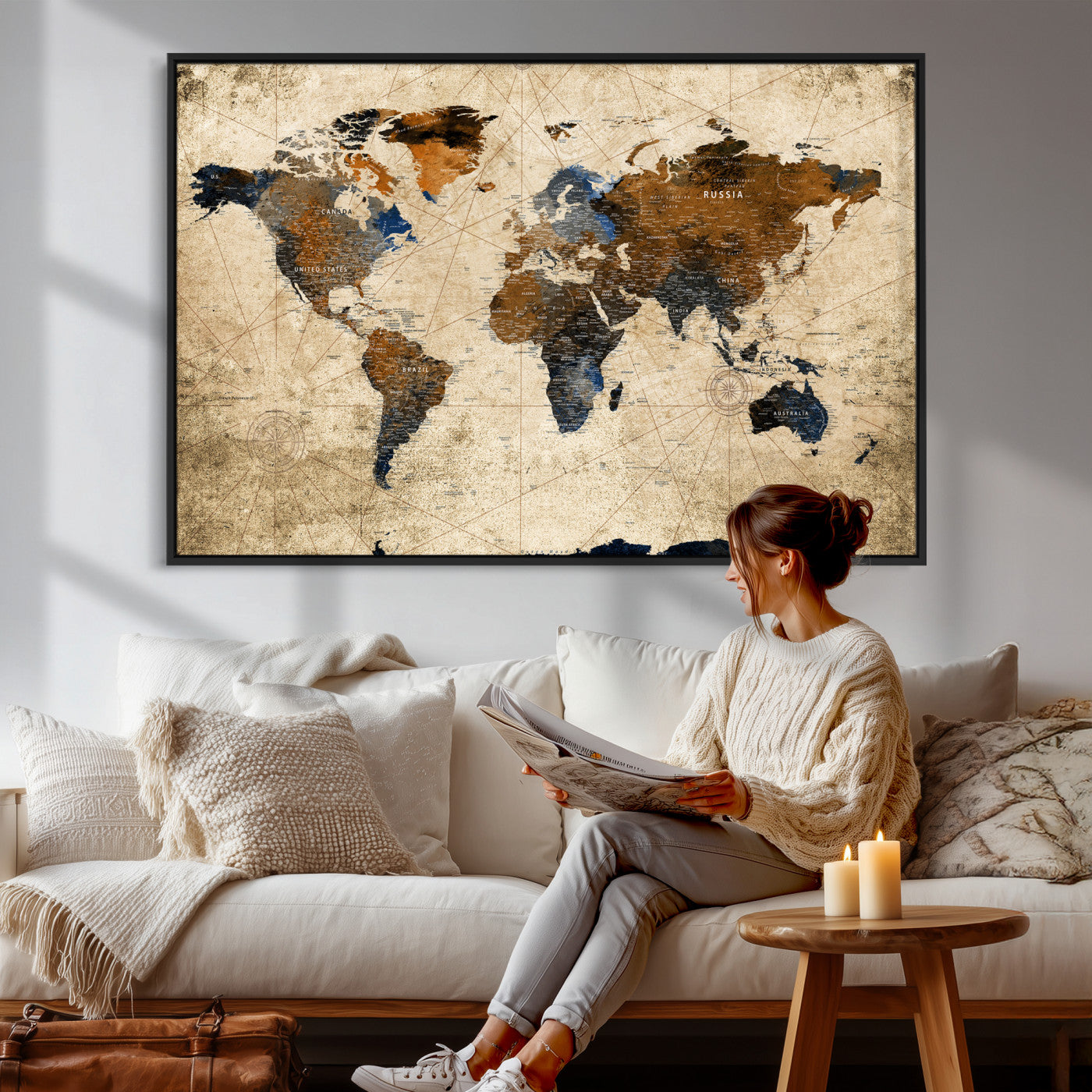 World Map Wall Art Canvas Print, Modern Decorative Framed