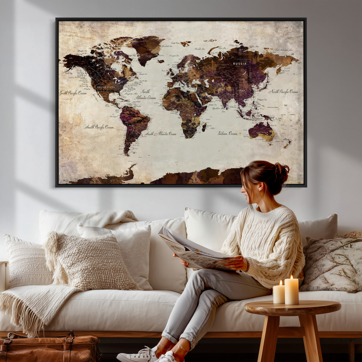 World Map Canvas Triptych – Colorful Global Wall Art for