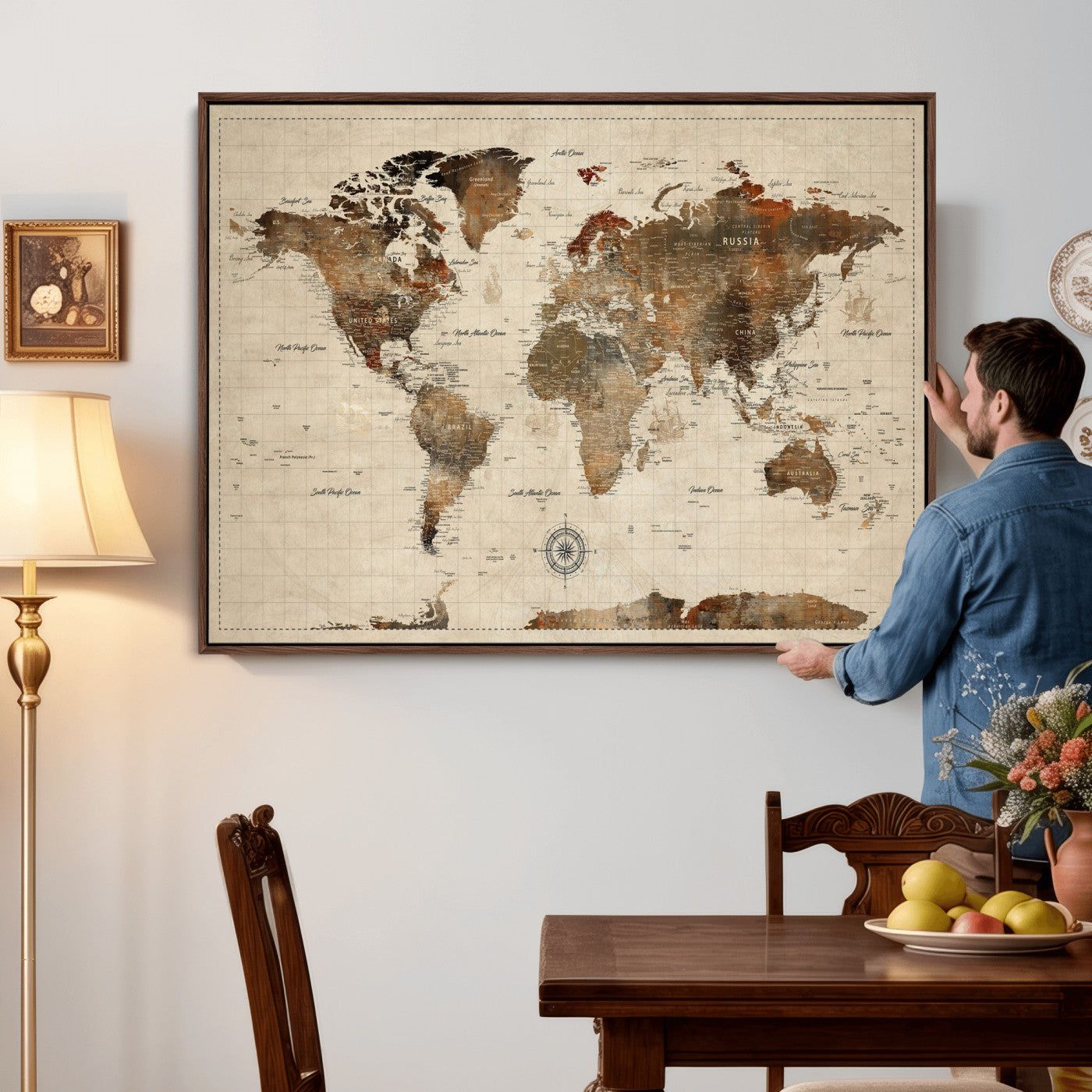 Vintage World Map Wall Art Canvas Print for Living Room,