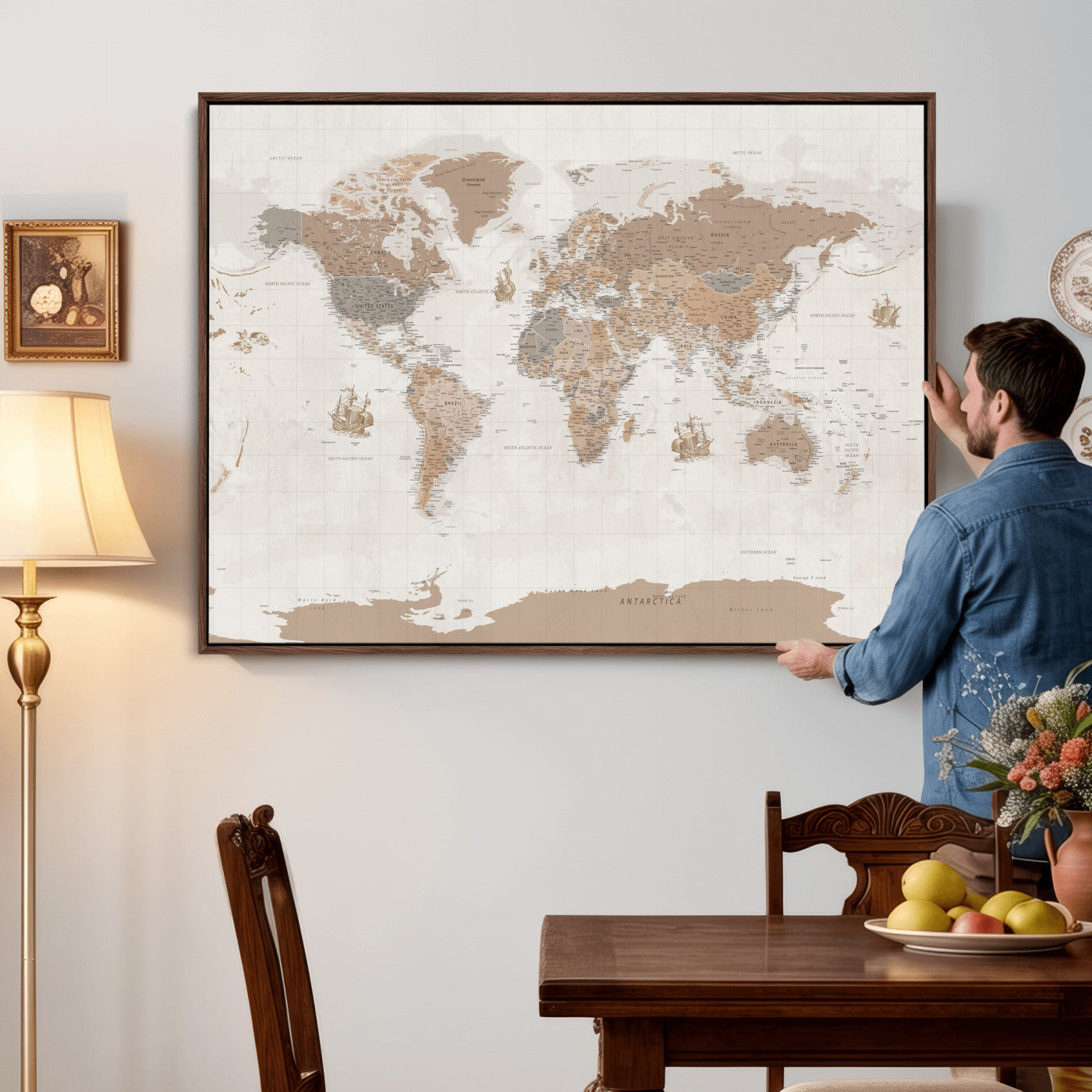 Framed Large World Map Canvas Print for Office Decor