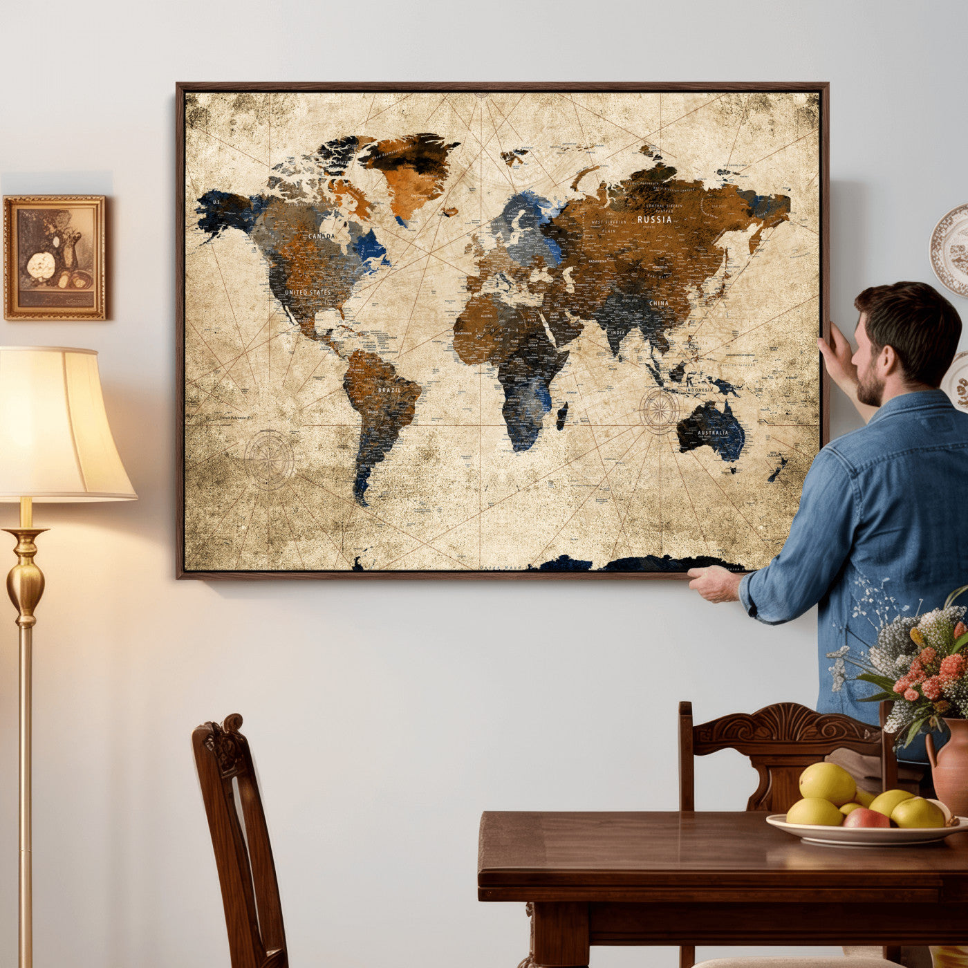 World Map Wall Art Canvas Print, Modern Decorative Framed