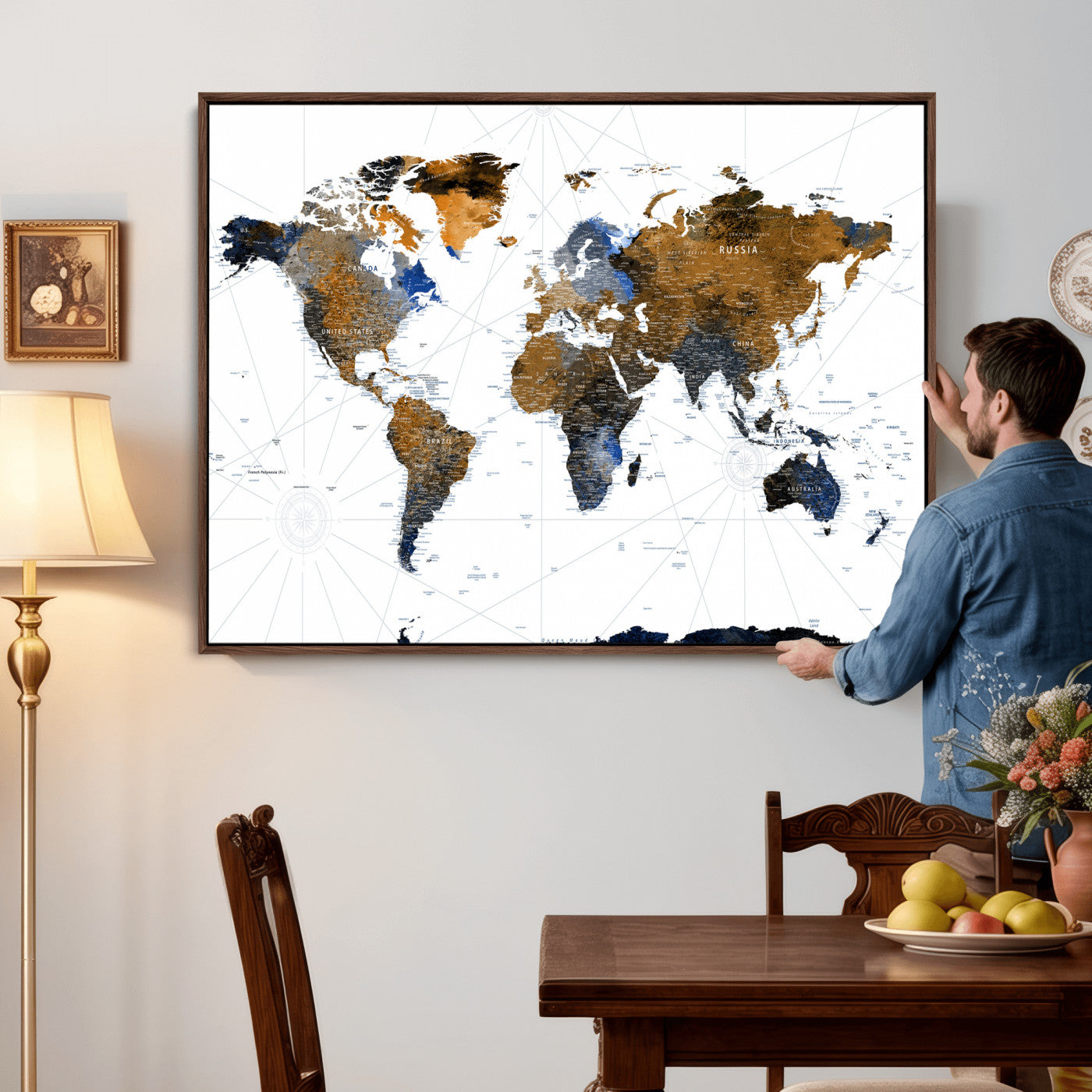 World Map Wall Art Canvas Print, Modern Decorative Framed