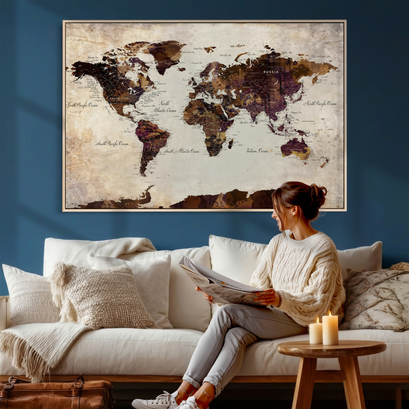 World Map Canvas Triptych – Colorful Global Wall Art for