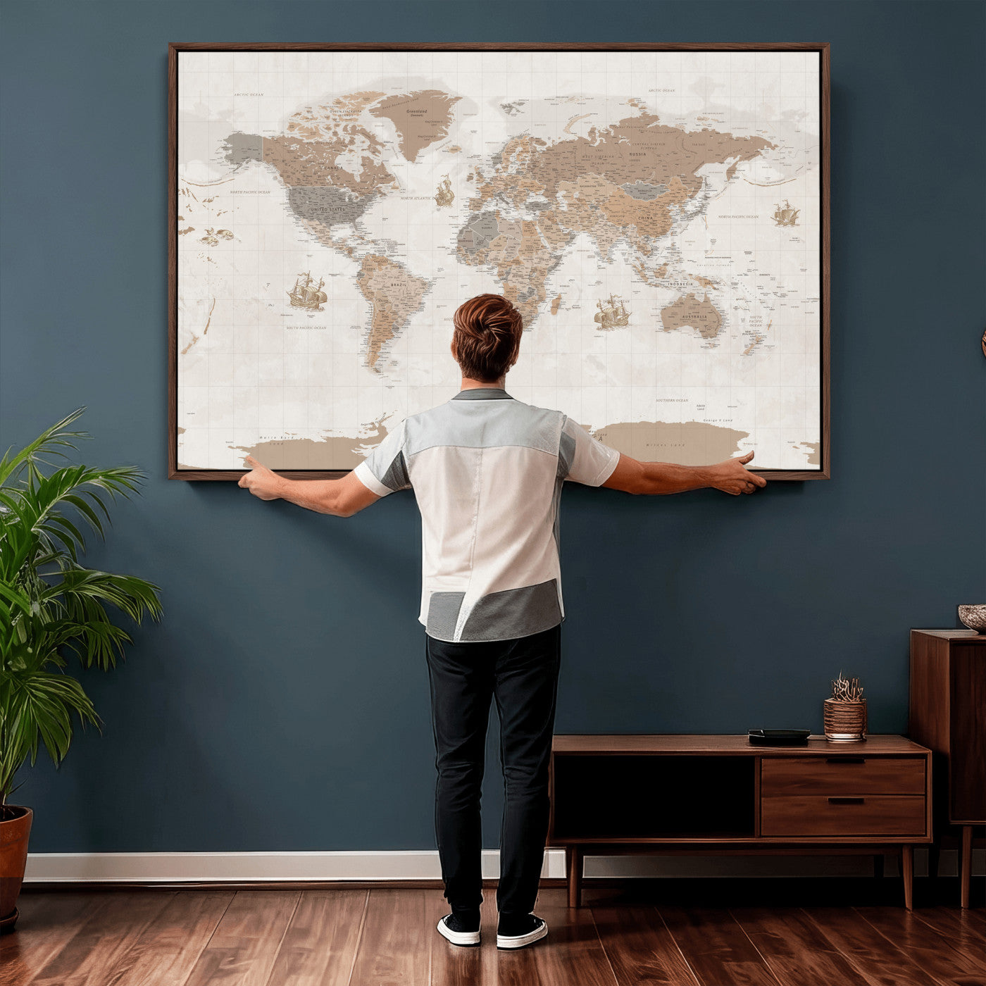 Framed Large World Map Canvas Print for Office Decor