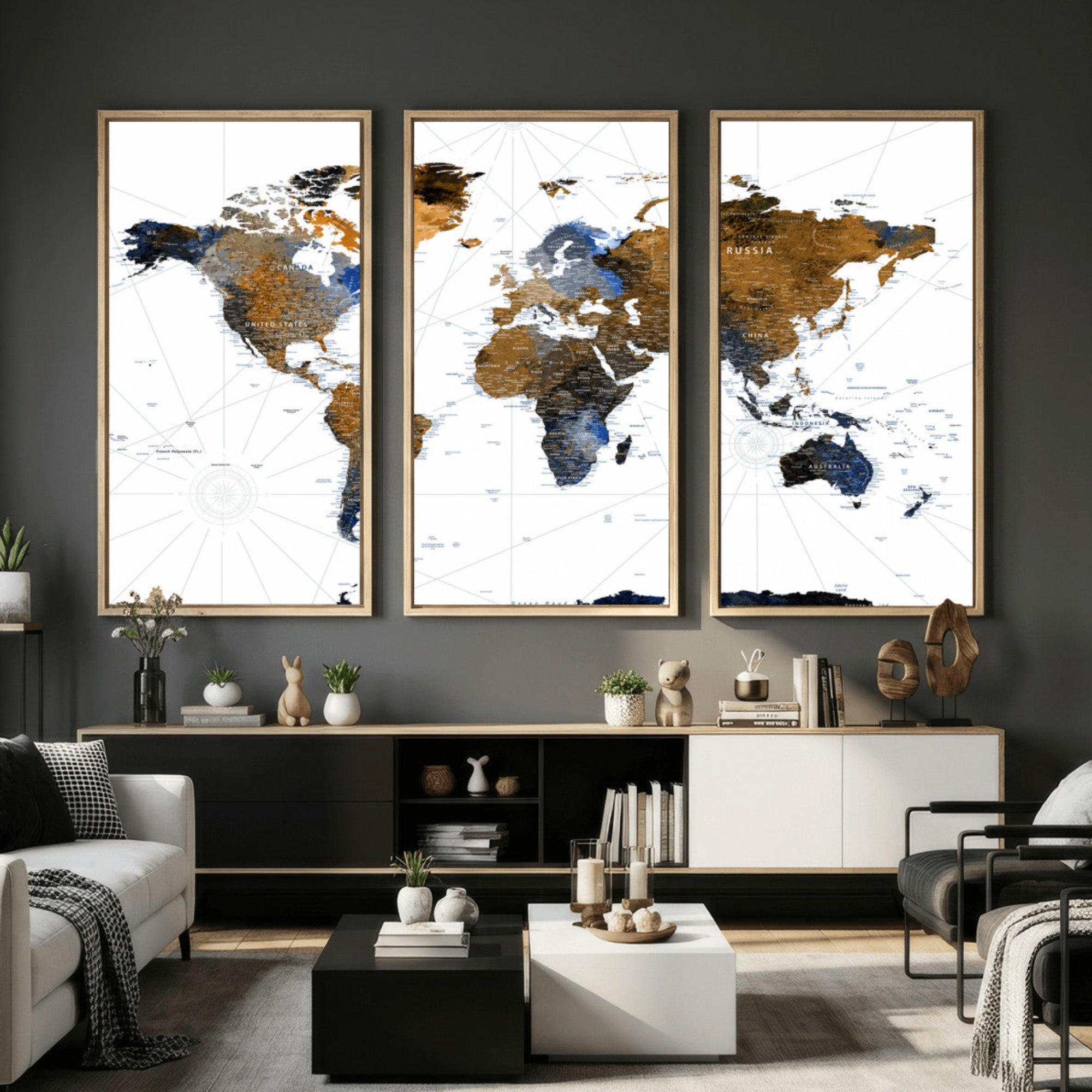 World Map Wall Art Canvas Print, Modern Decorative Framed