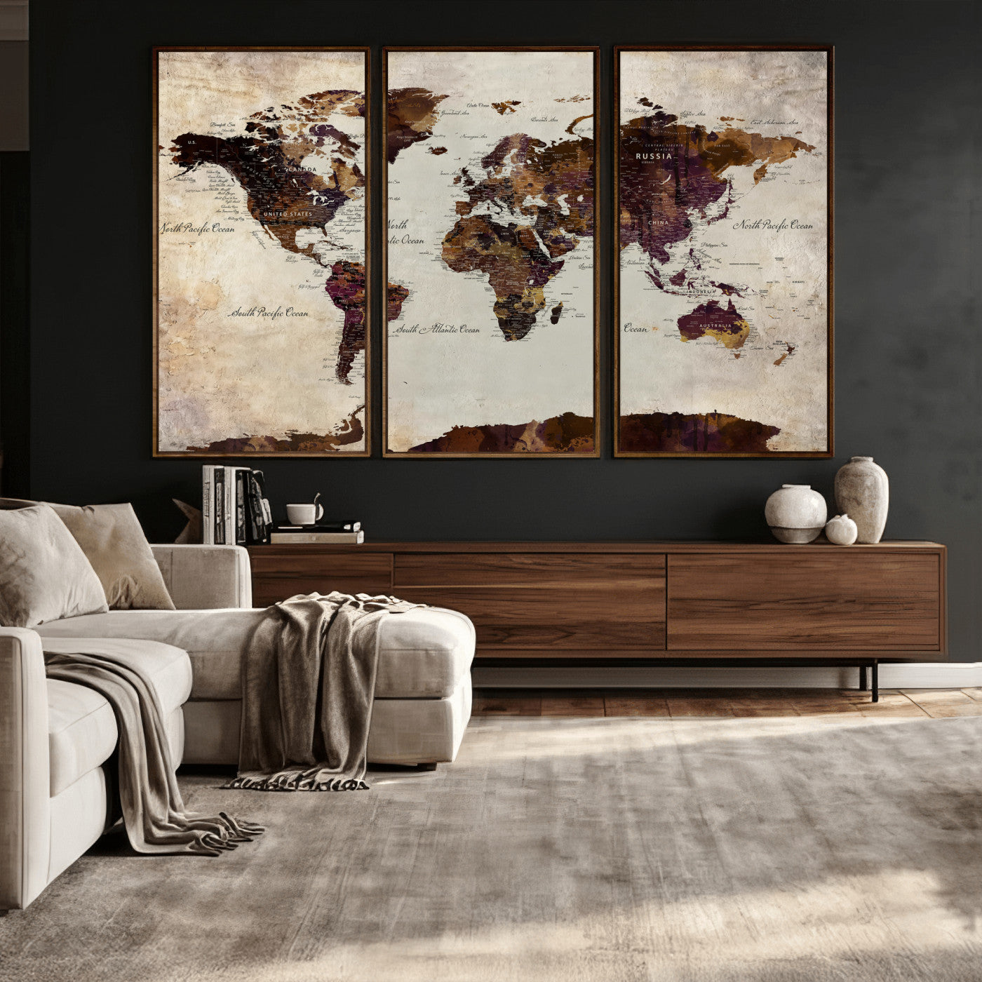 World Map Canvas Triptych – Colorful Global Wall Art for