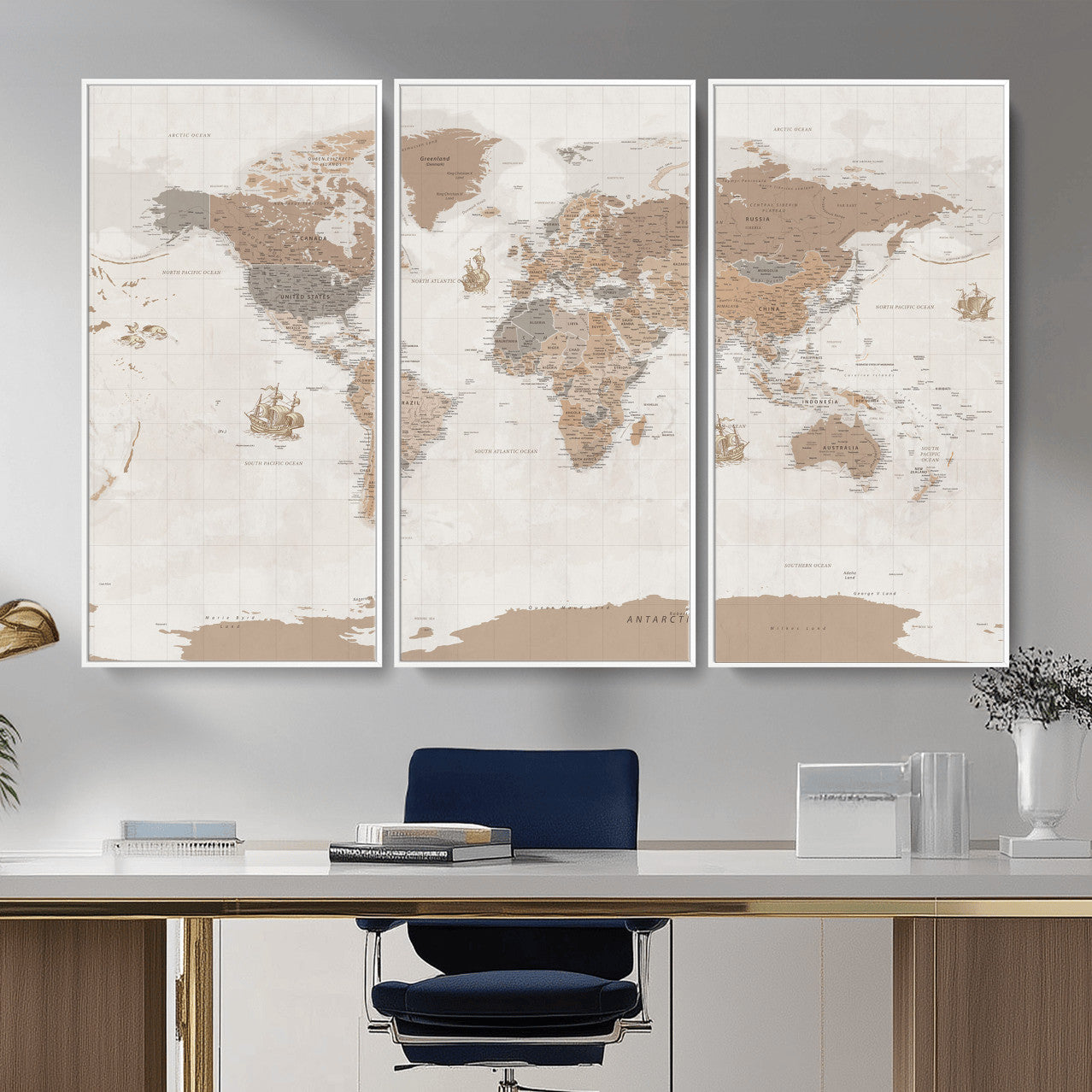 Framed Large World Map Canvas Print for Office Decor