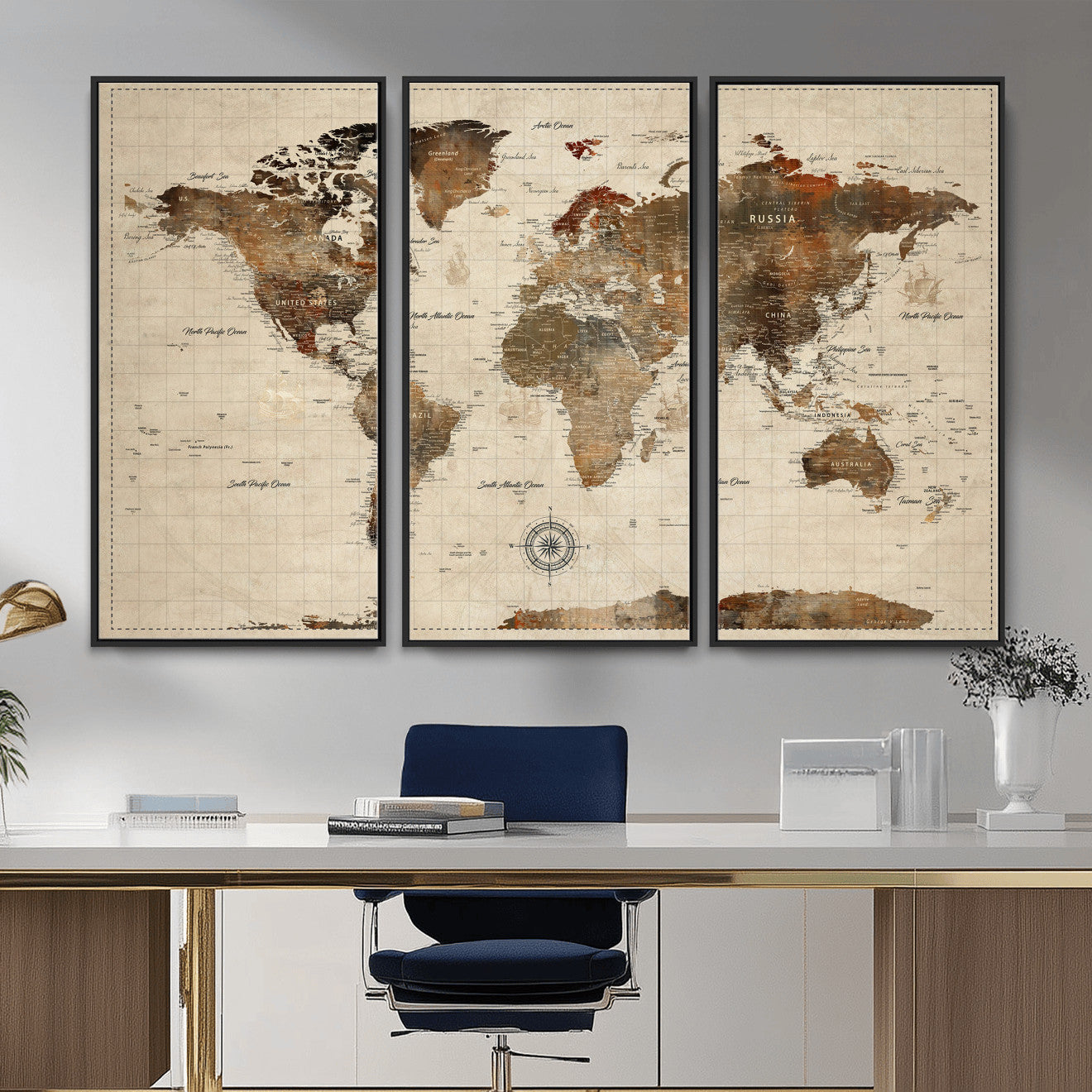 Vintage World Map Wall Art Canvas Print for Living Room,