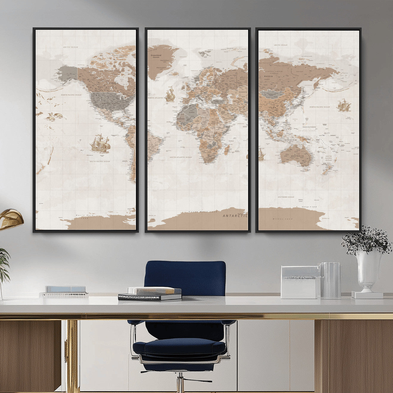 Framed Large World Map Canvas Print for Office Decor