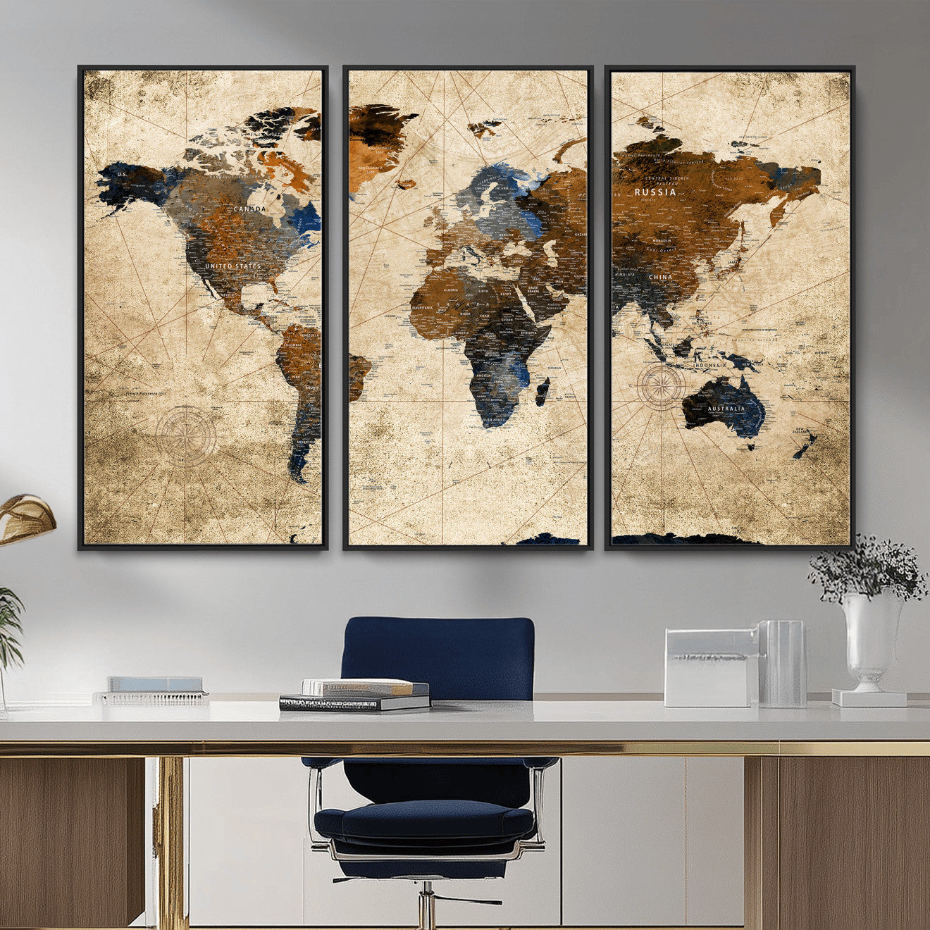 World Map Wall Art Canvas Print, Modern Decorative Framed