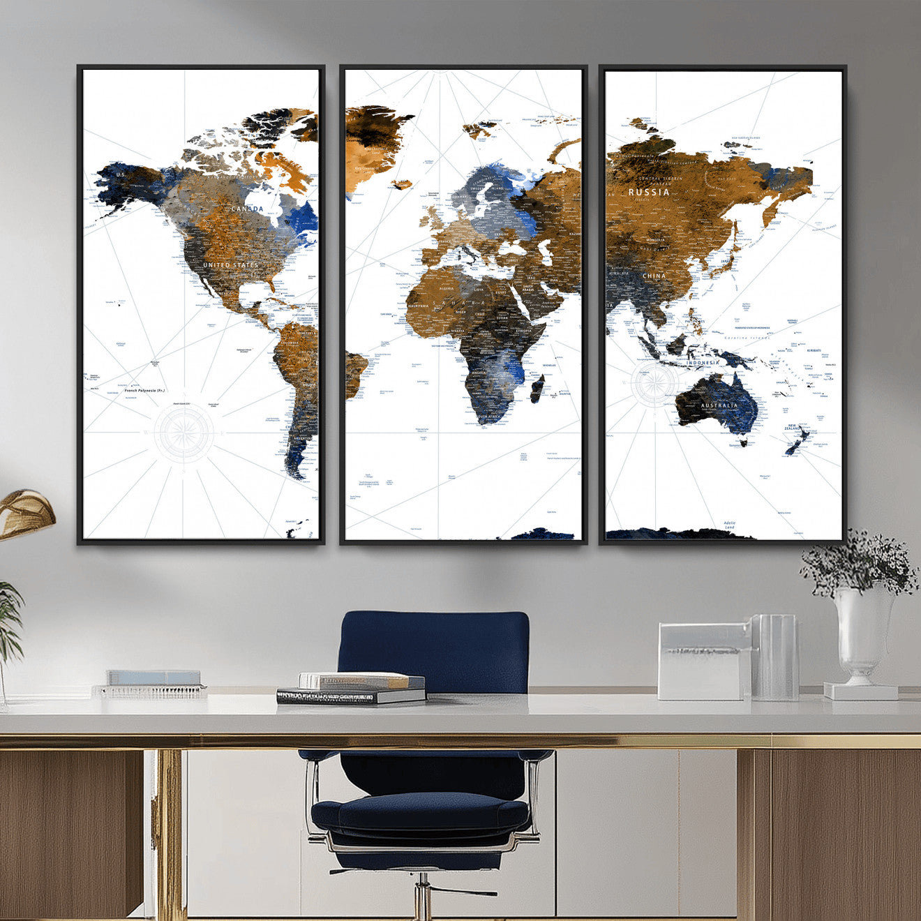World Map Wall Art Canvas Print, Modern Decorative Framed