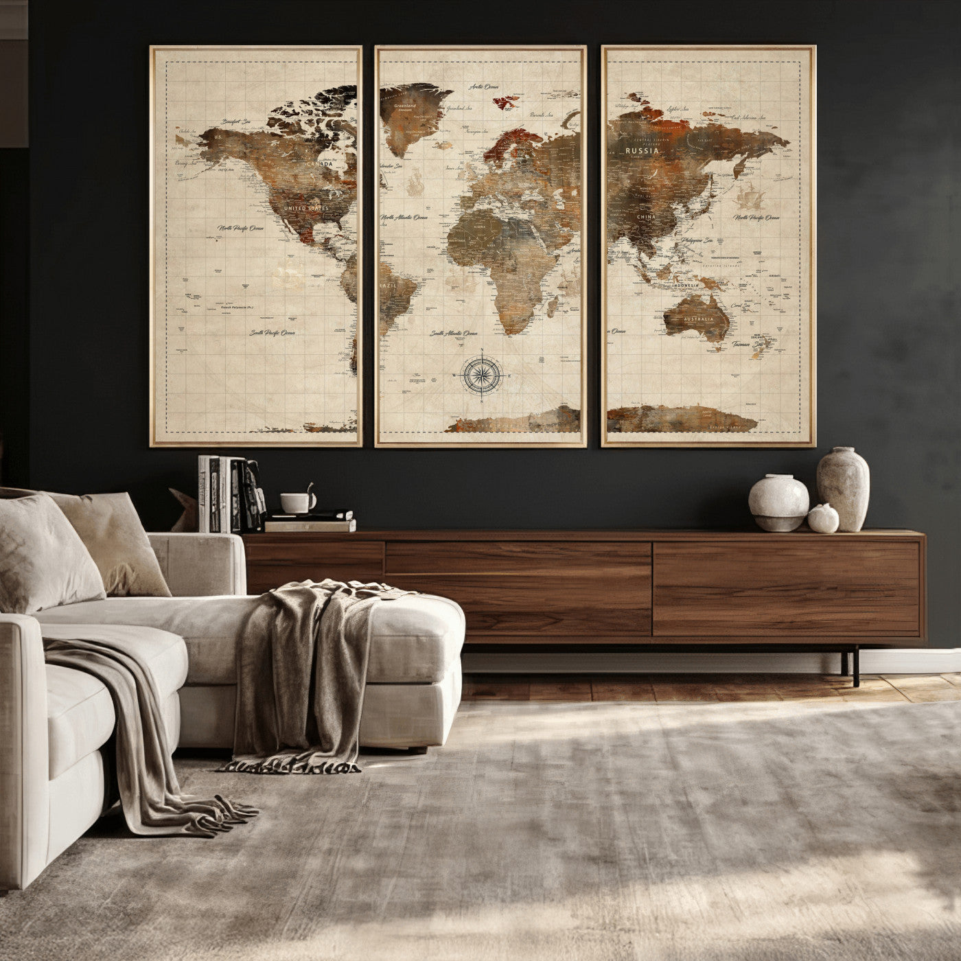 Vintage World Map Wall Art Canvas Print for Living Room,
