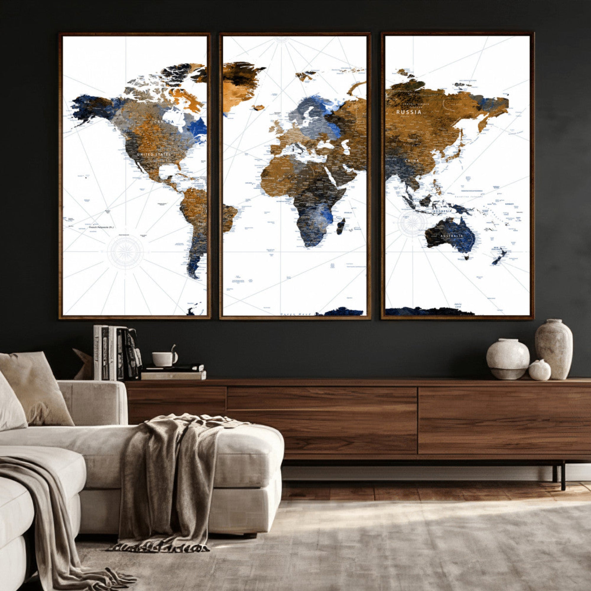 World Map Wall Art Canvas Print, Modern Decorative Framed