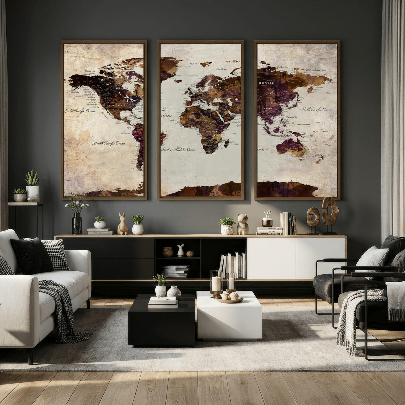 World Map Canvas Triptych – Colorful Global Wall Art for