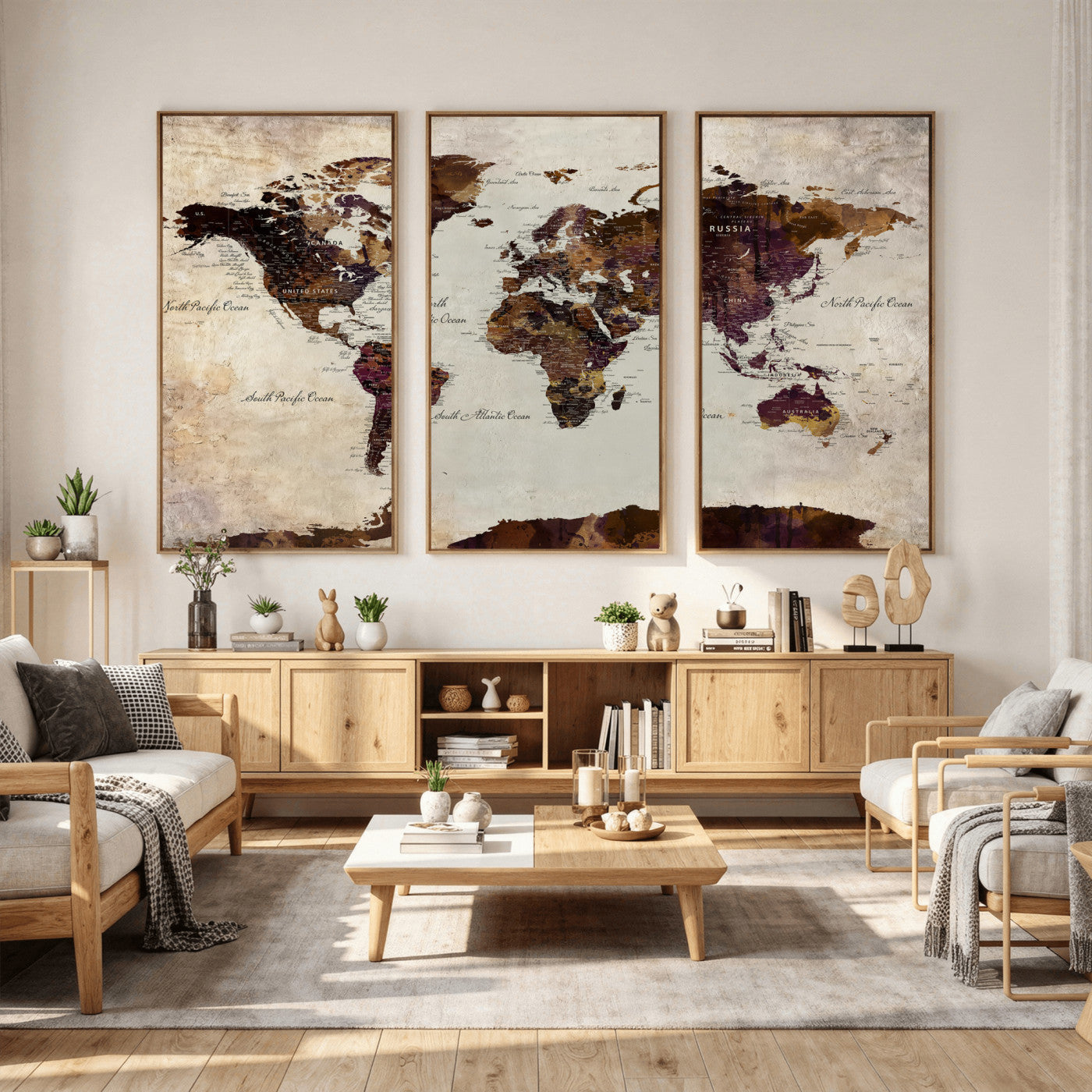 World Map Canvas Triptych – Colorful Global Wall Art for