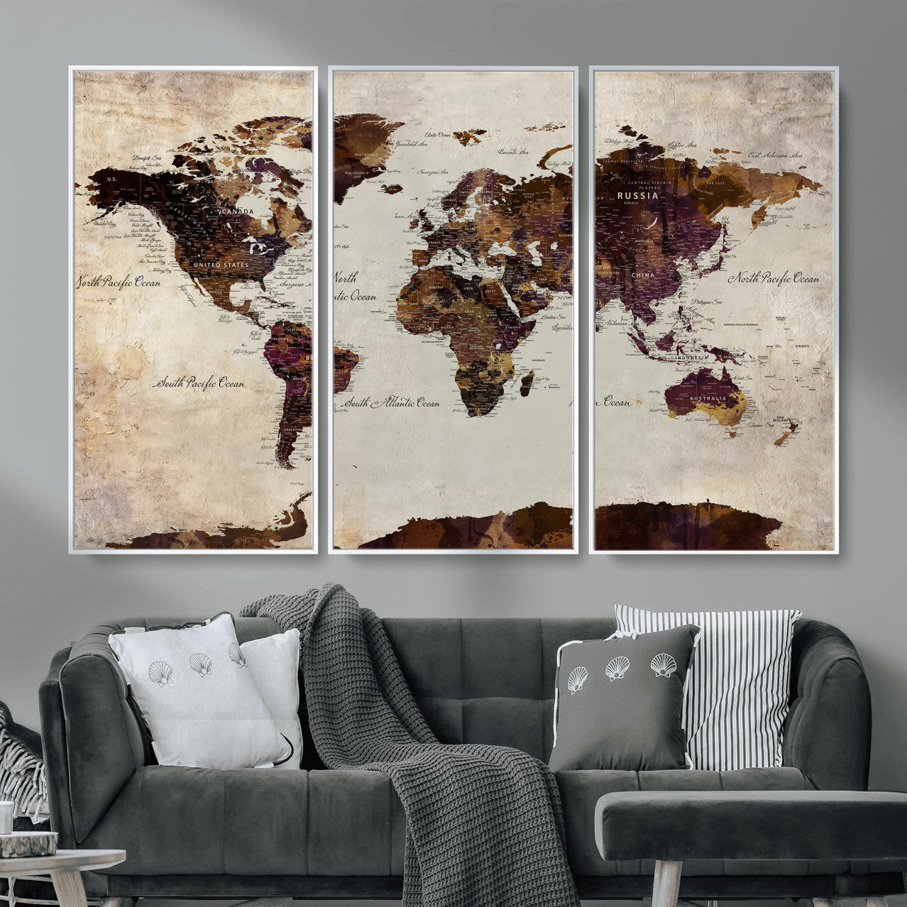 World Map Canvas Triptych – Colorful Global Wall Art for