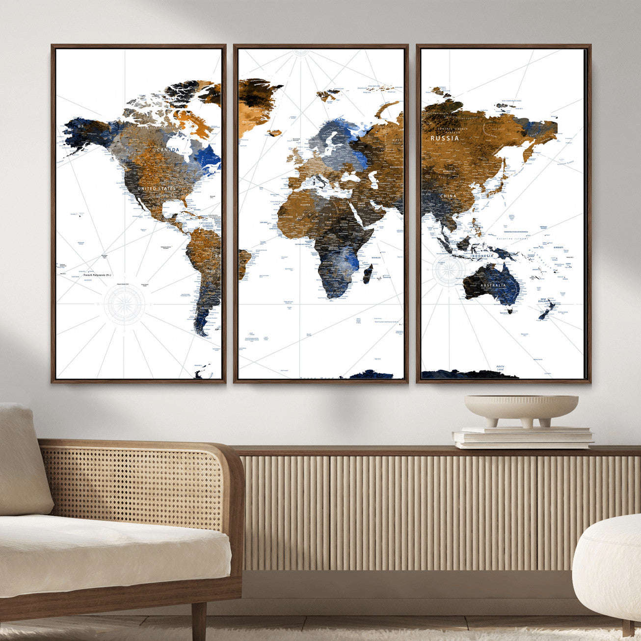 World Map Wall Art Canvas Print, Modern Decorative Framed