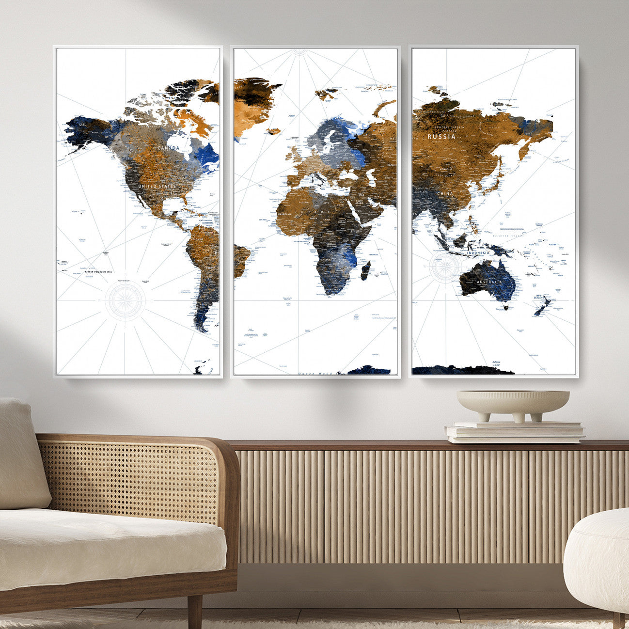 World Map Wall Art Canvas Print, Modern Decorative Framed