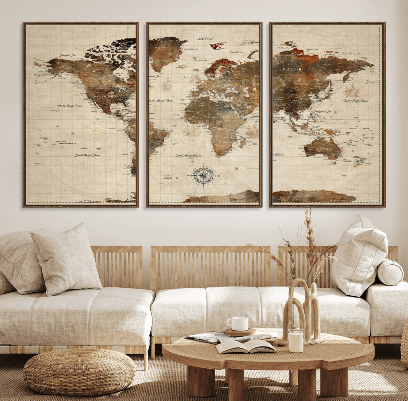 Vintage World Map Wall Art Canvas Print for Living Room,