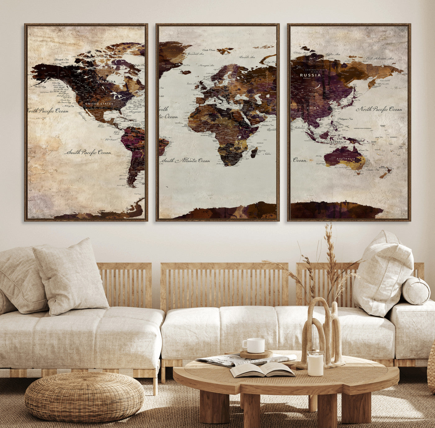 World Map Canvas Triptych – Colorful Global Wall Art for