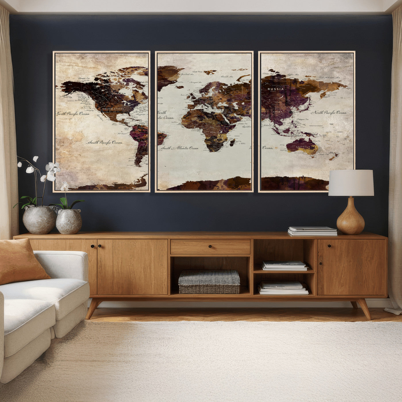 World Map Canvas Triptych – Colorful Global Wall Art for