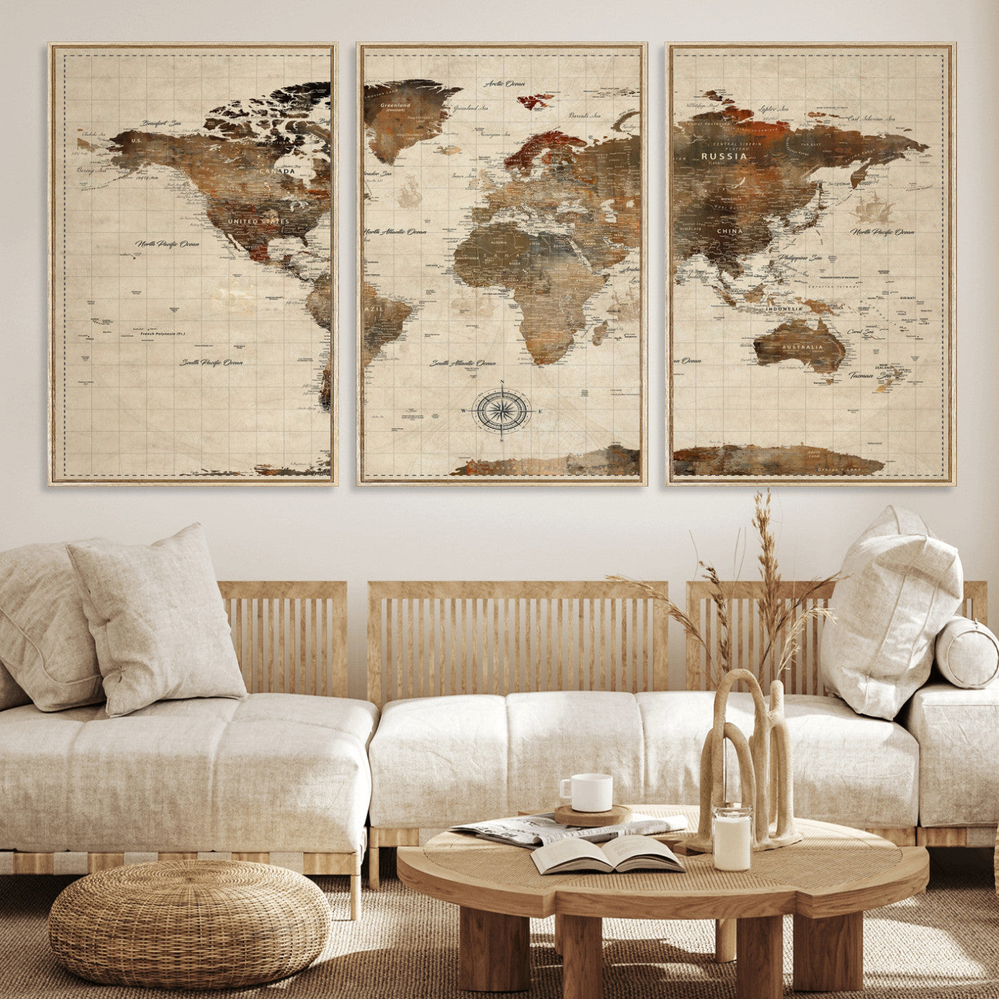 Vintage World Map Wall Art Canvas Print for Living Room,
