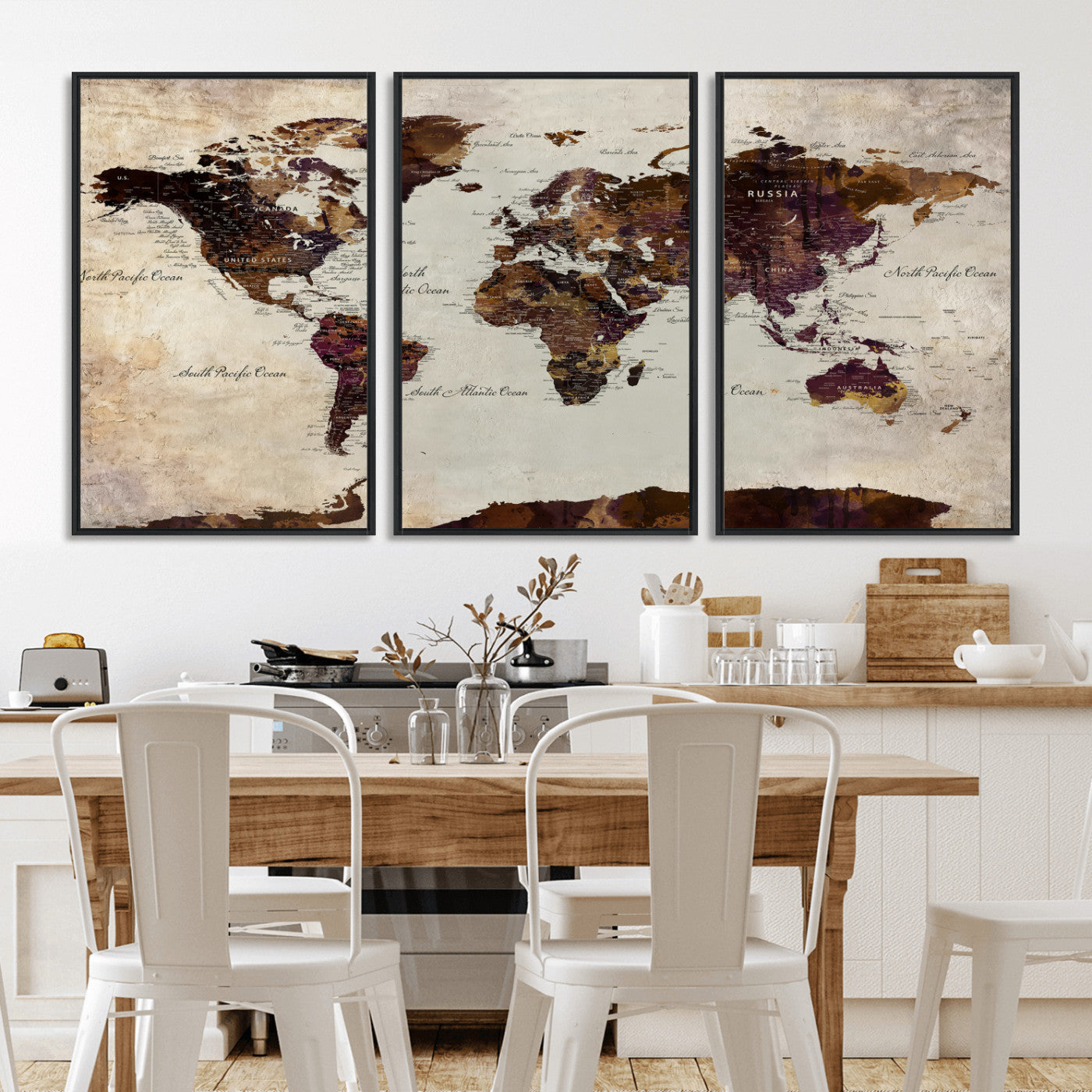World Map Canvas Triptych – Colorful Global Wall Art for