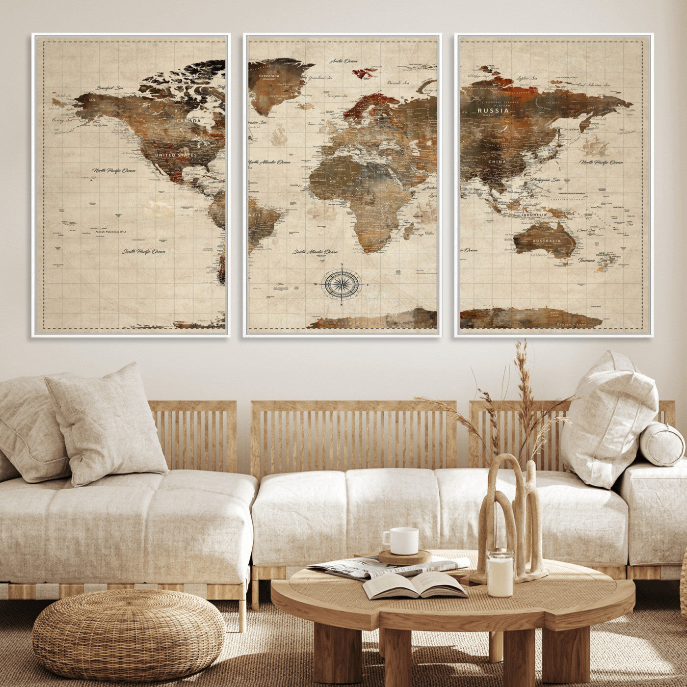 Vintage World Map Wall Art Canvas Print for Living Room,