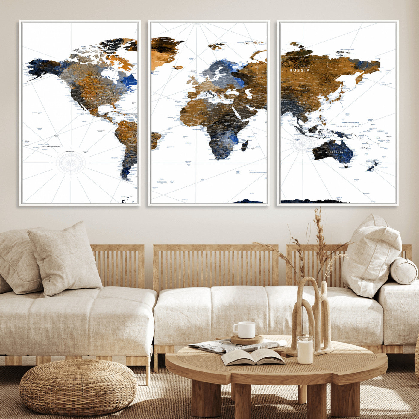 World Map Wall Art Canvas Print, Modern Decorative Framed