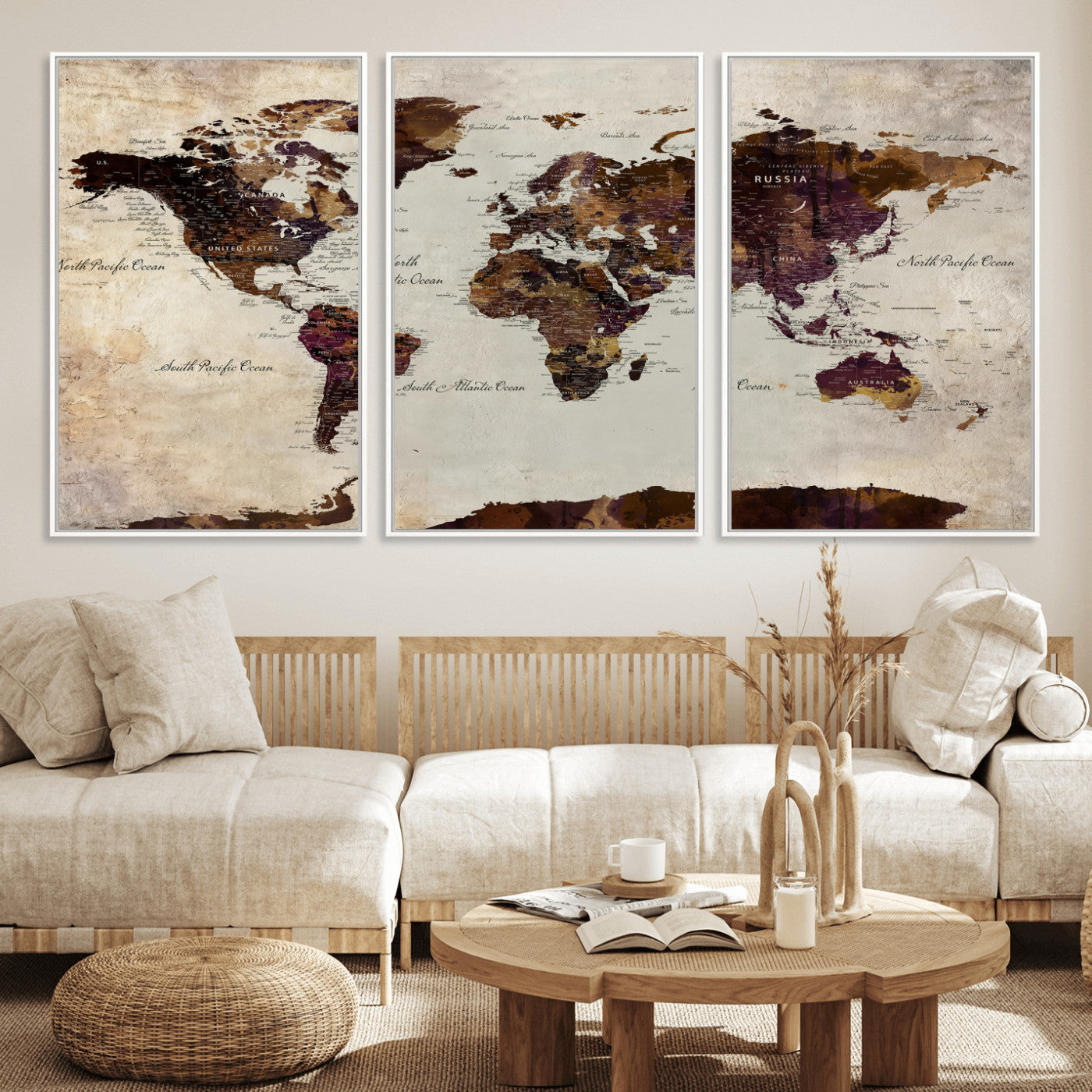 World Map Canvas Triptych – Colorful Global Wall Art for