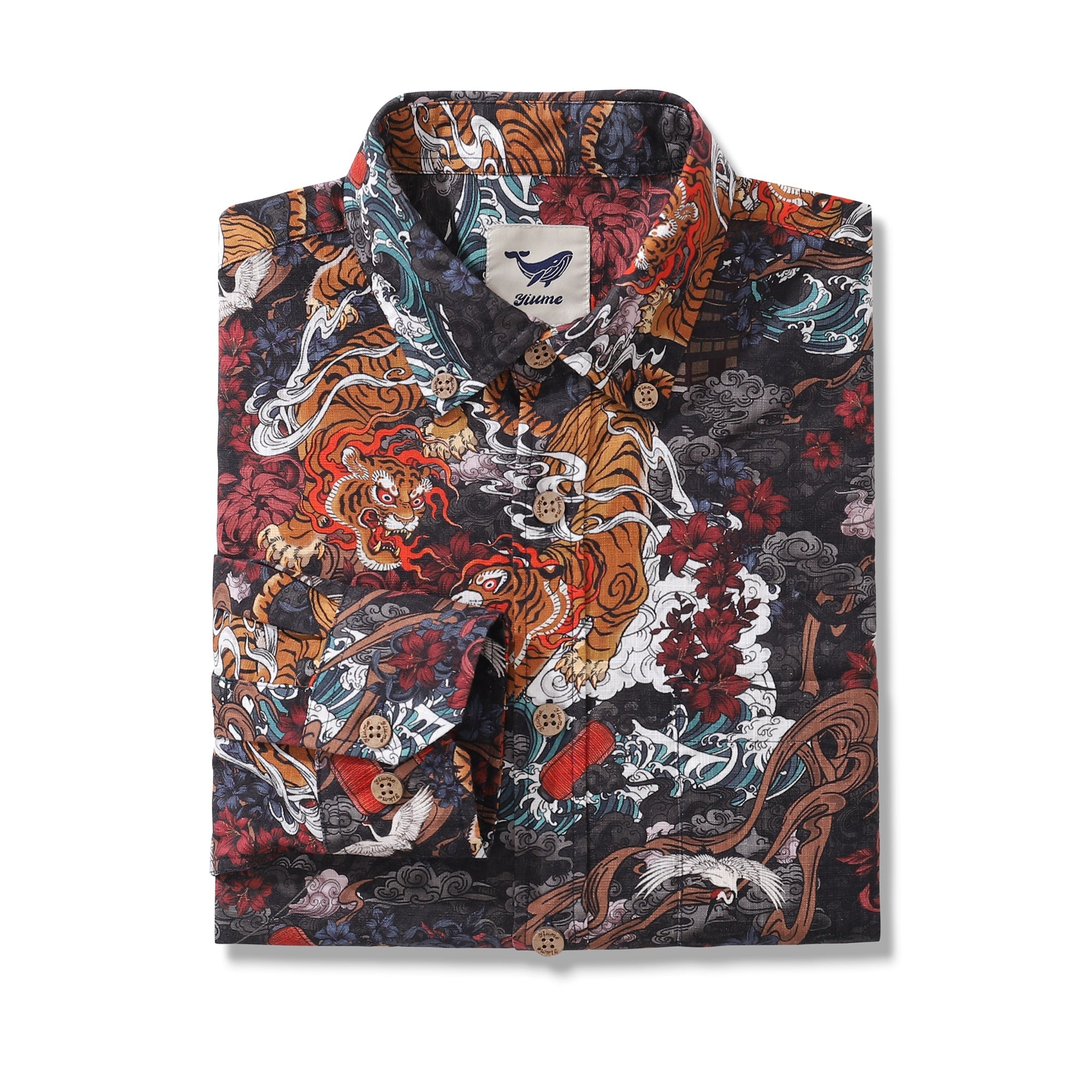 Long Sleeve Hawaiian Shirt For Men Tiger in the Mist Cotton Button-down Aloha Shirt By Yakima