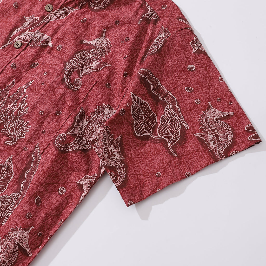 Red Hawaiian Shirt For Men Seahorses Shirt Button-down Short Sleeve 100% Cotton Shirt By Sun