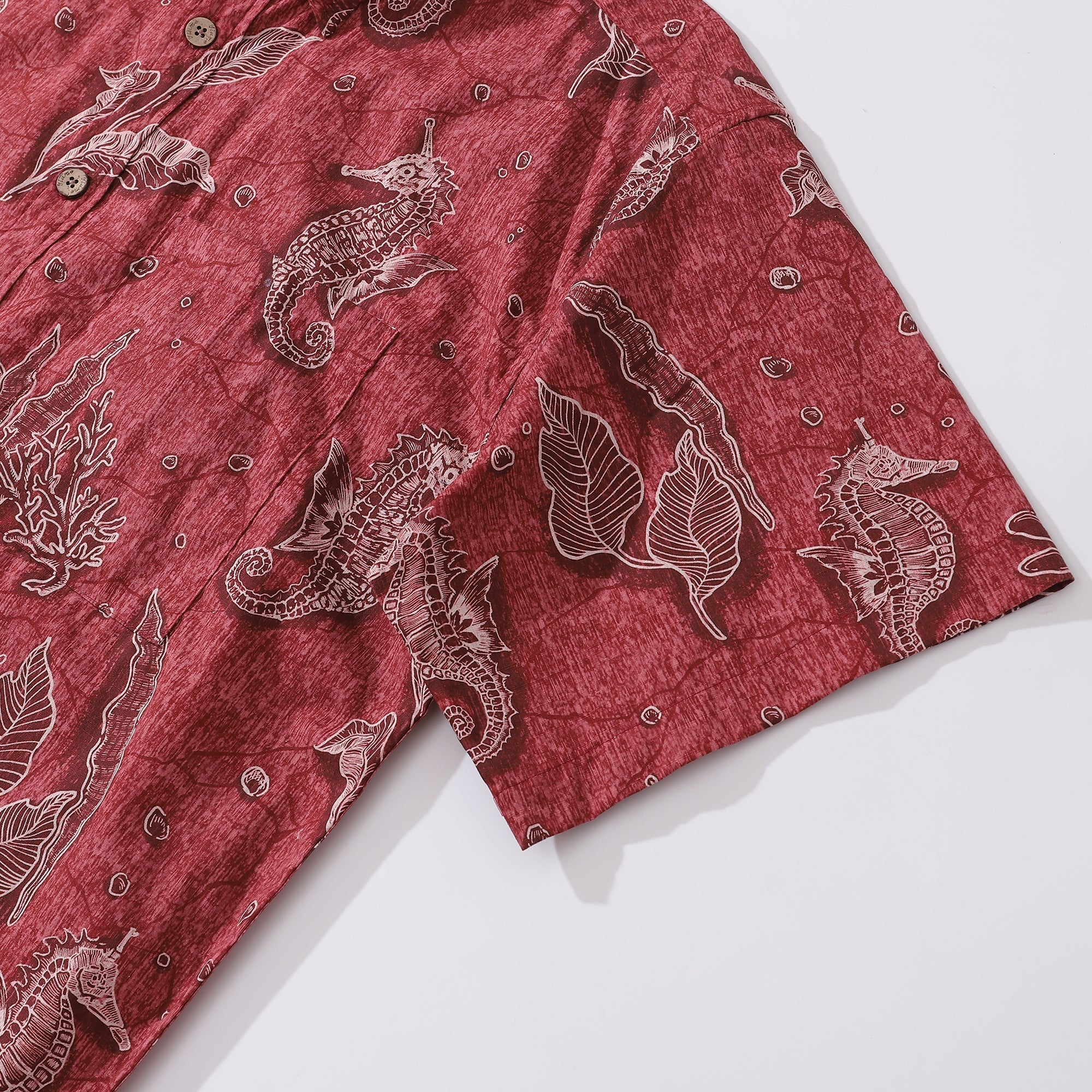 Red Hawaiian Shirt For Men Seahorses Shirt Button-down Short Sleeve 100% Cotton Shirt By Sun