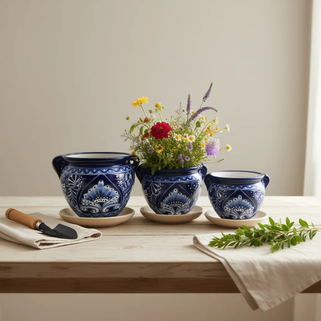 Blue & White Talavera Planter Trio | Hand-Painted Pot Set