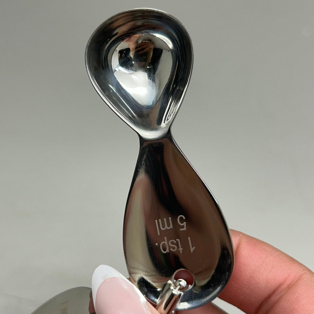 RSVP (5 Spoons) Teardrop Oval Stainless Steel Measuring Spoon 1tbs,1tsp,1/2tsp,1/4tsp,1/5tsp Chrome
