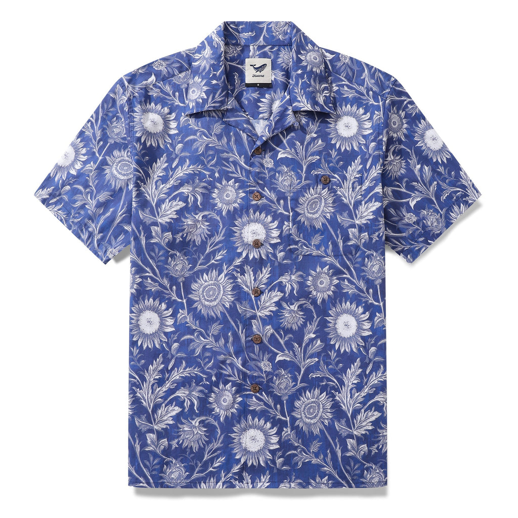 Hawaiian Shirt For Men Blue and White Porcelain Sunflower Camp collar Short Sleeve 100% Cotton Shirt By Sun