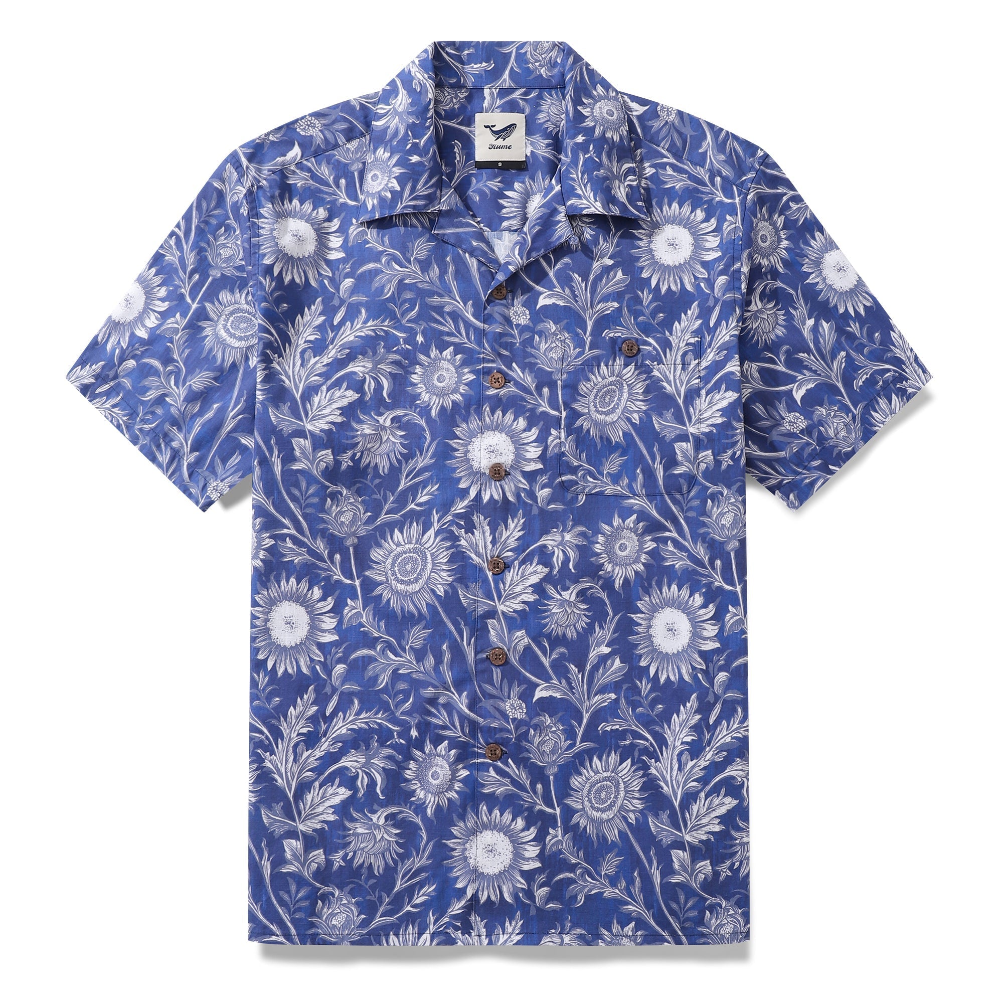 Hawaiian Shirt For Men Blue and White Porcelain Sunflower Camp collar Short Sleeve 100% Cotton Shirt By Sun
