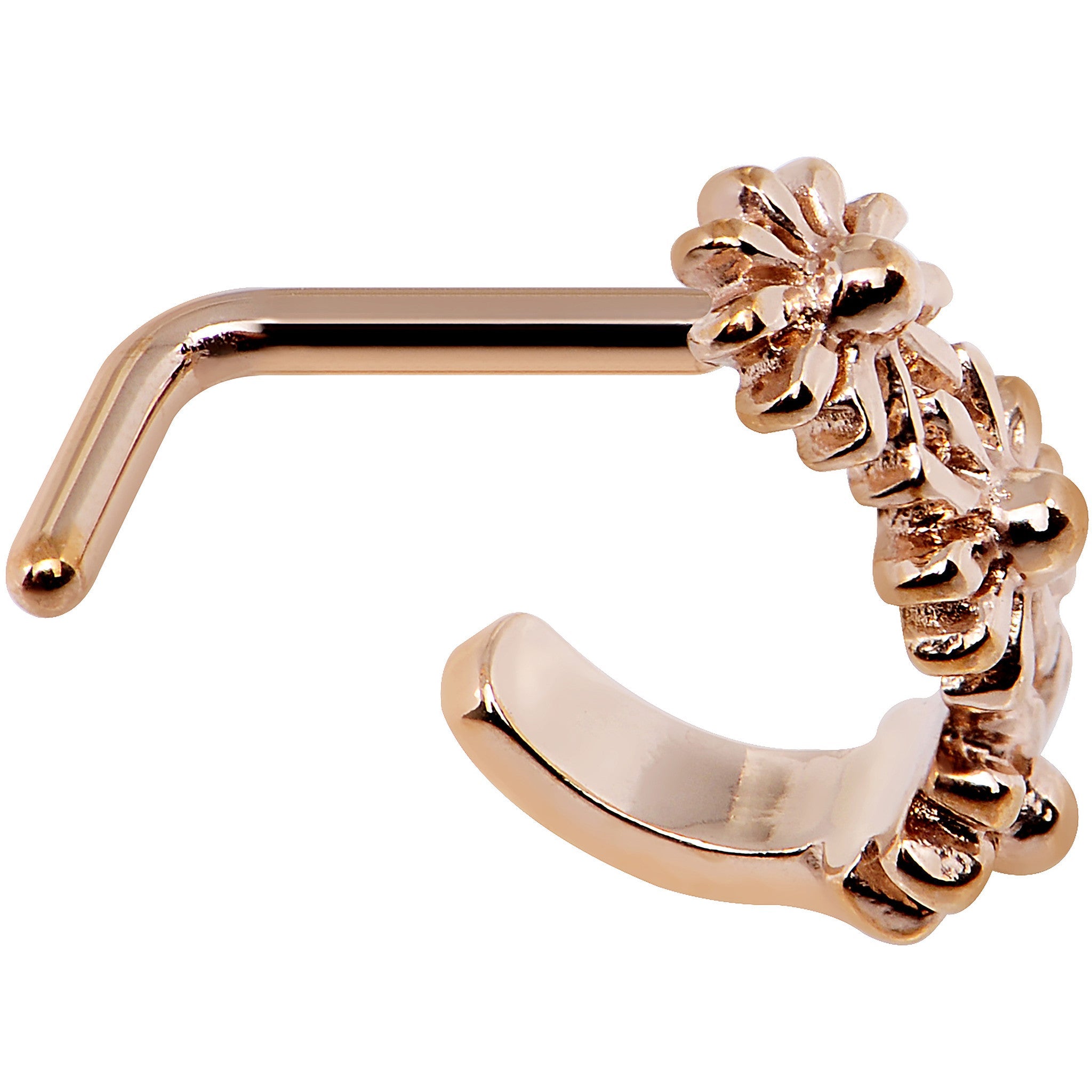 18G Rose Gold PVD Daisy Flower Chain Faux Hoop L Shaped Nose Ring