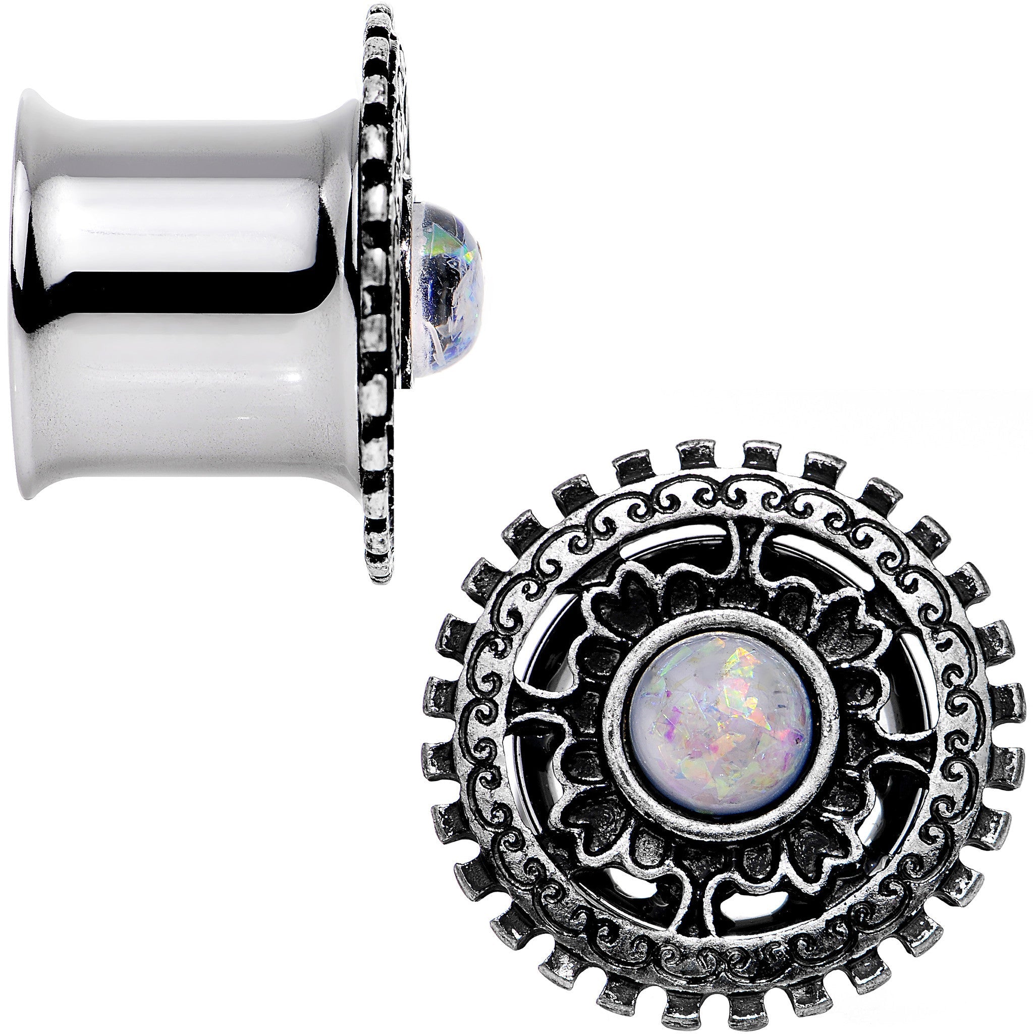 1/2 White Faux Opal Steel Finely Framed Double Flare Plug Set