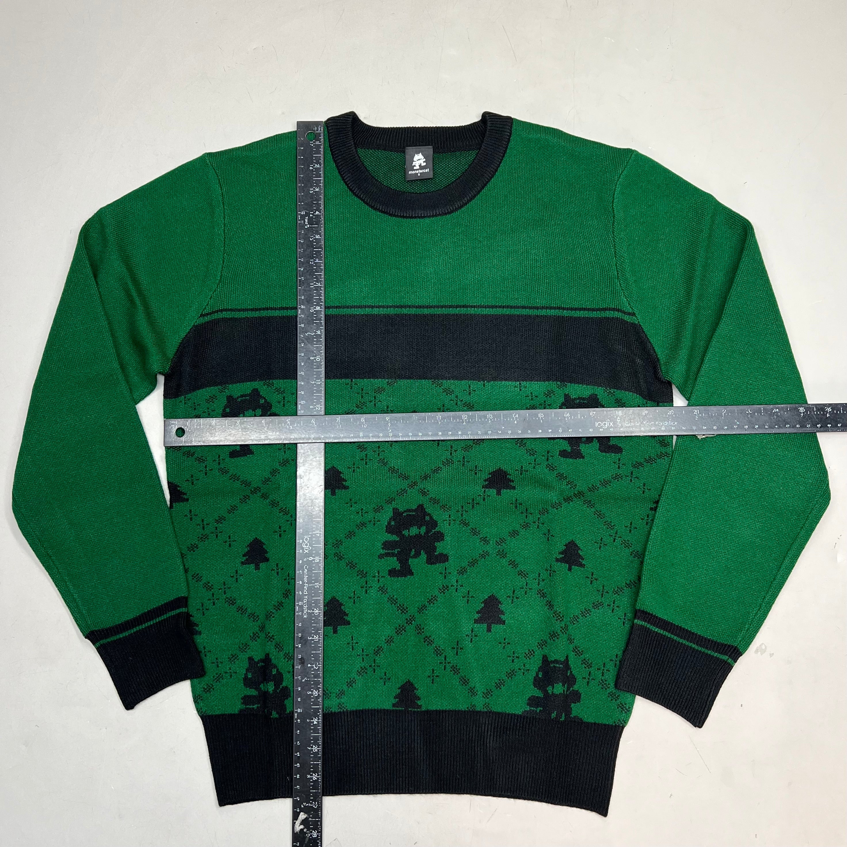 MONSTERCAT Records Soft Holiday Monogram Pullover Sweater Men's Sz S Green