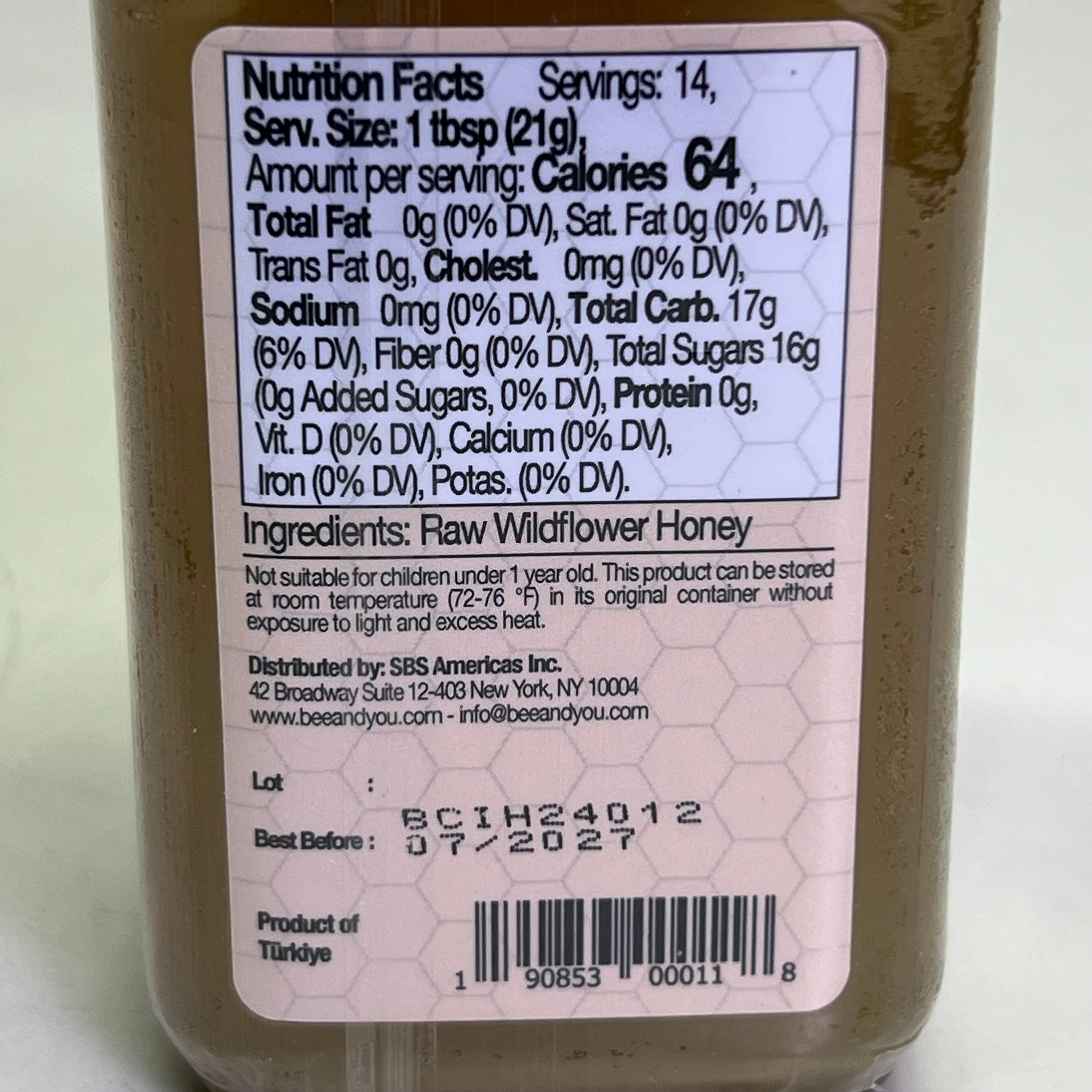 BEE & YOU (6 PACK) Wildflower Raw Honey 10.6 oz Brown BB 07/27